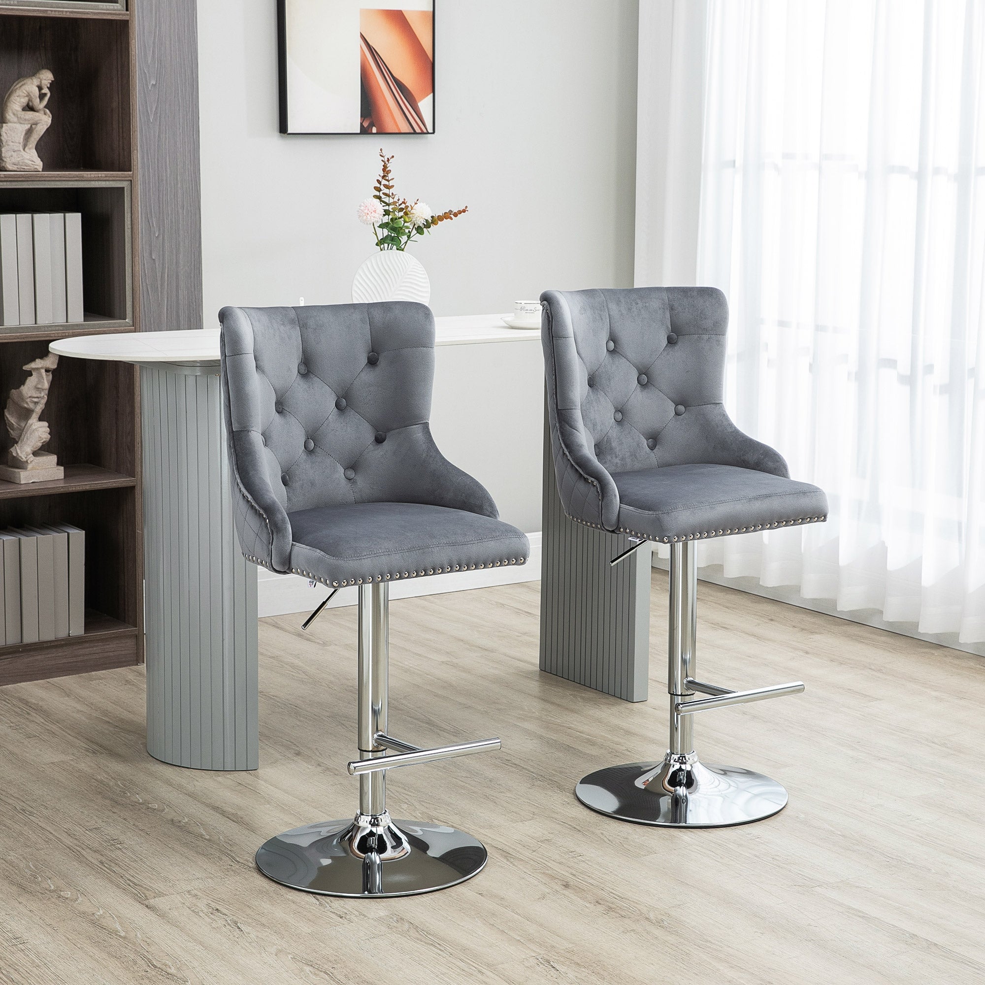 HOMCOM Modern Adjustable Bar Stools Set of 2, Swivel Velvet Barstools, Counter Height Bar Chairs with Button Tufted Back, Footrest, Nailhead Trim for Home Bar, Grey