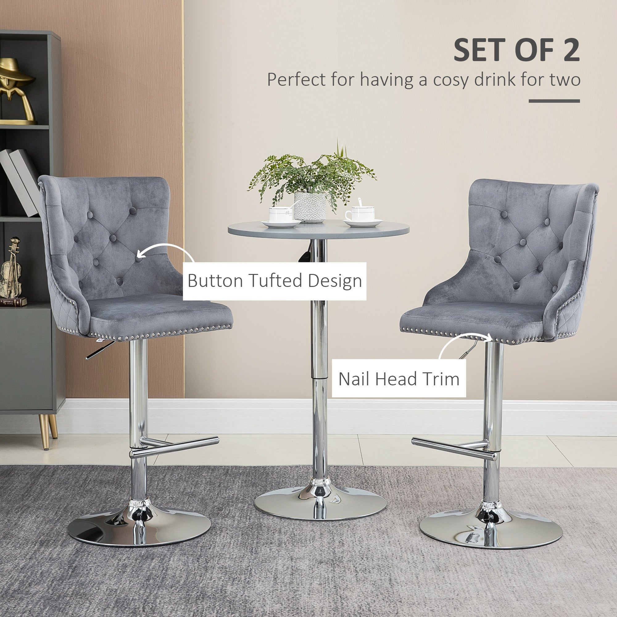 HOMCOM Modern Adjustable Bar Stools Set of 2, Swivel Velvet Barstools, Counter Height Bar Chairs with Button Tufted Back, Footrest, Nailhead Trim for Home Bar, Grey