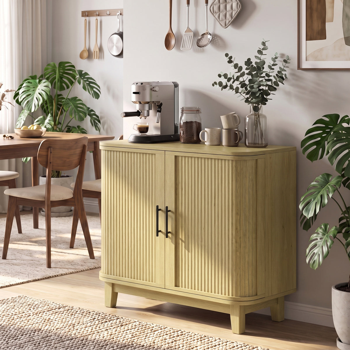 80cm Sideboard Buffet Cabinet, Modern Storage Cabinet with 2 Curved Doors, Adjustable Shelf and Legs for Dining Room, Hallway, Oak