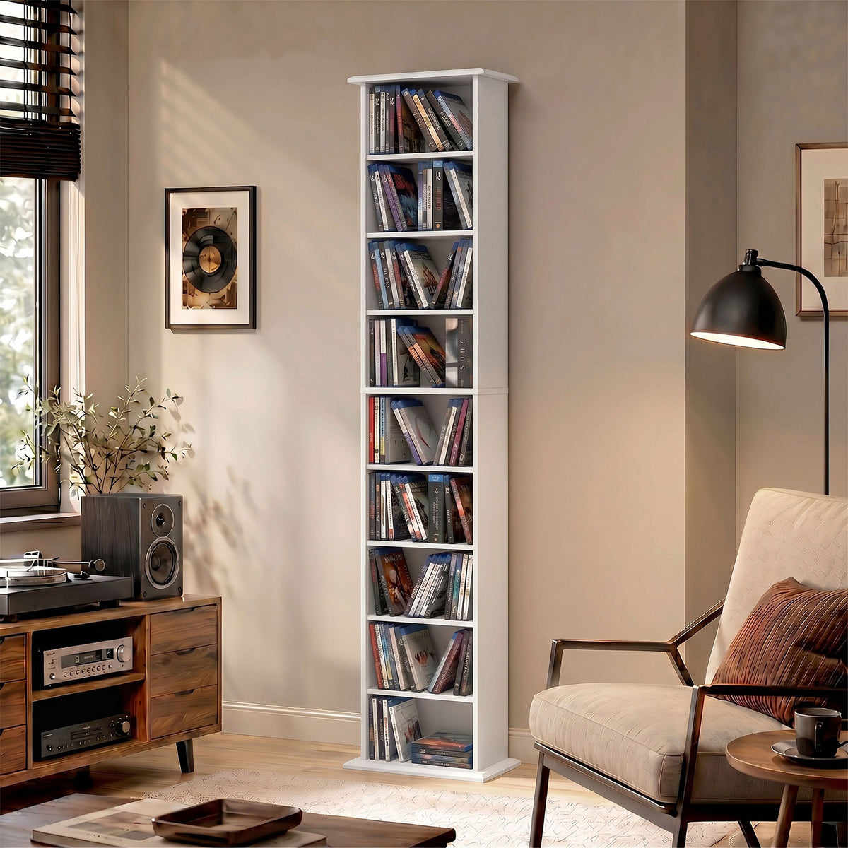 Slim Media Storage Cabinet, 9-Tier DVD Shelf with 7 Adjustable Shelves, 9 Compartments, Holds 252 CDs, 147 DVDs or 189 Blu-rays, White