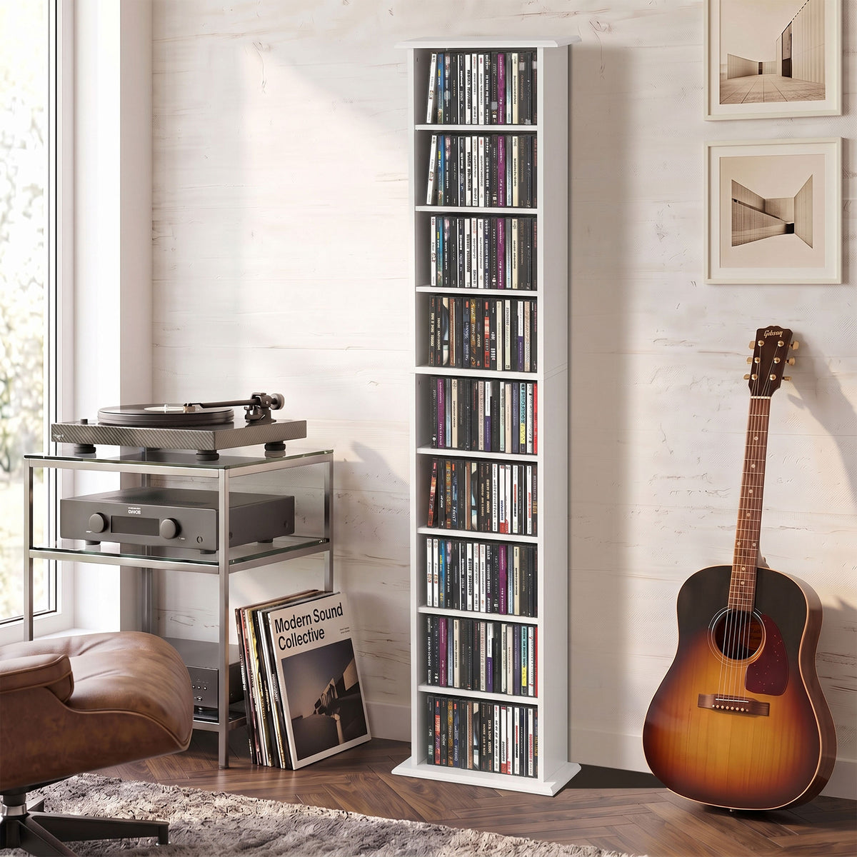 Slim Media Storage Cabinet, 9-Tier DVD Shelf with 7 Adjustable Shelves, 9 Compartments, Holds 252 CDs, 147 DVDs or 189 Blu-rays, White