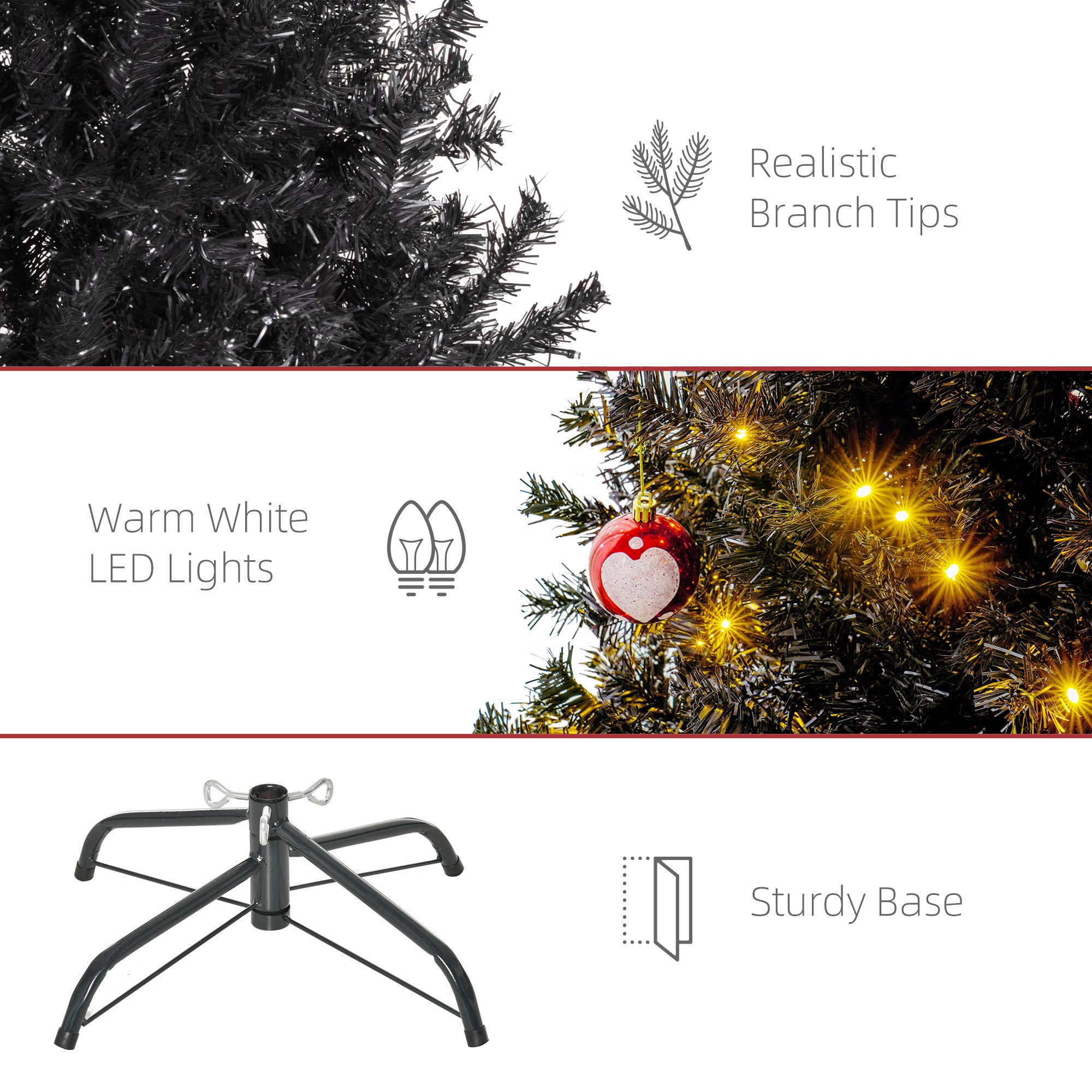 6 FT Tall PreLit Artificial Christmas Tree with Realistic Branches 250 Warm White LED Lights Black