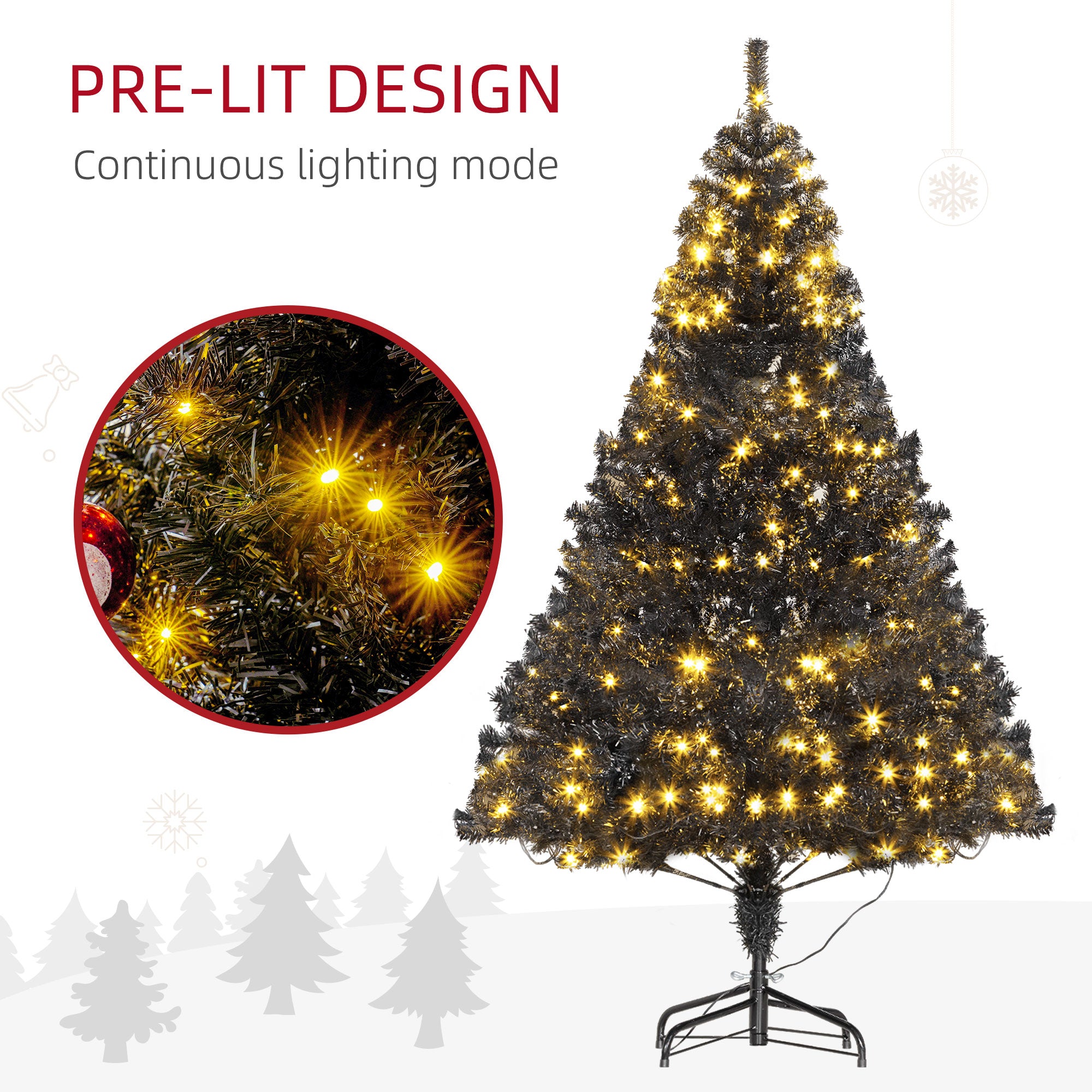 6 FT Tall PreLit Artificial Christmas Tree with Realistic Branches 250 Warm White LED Lights Black