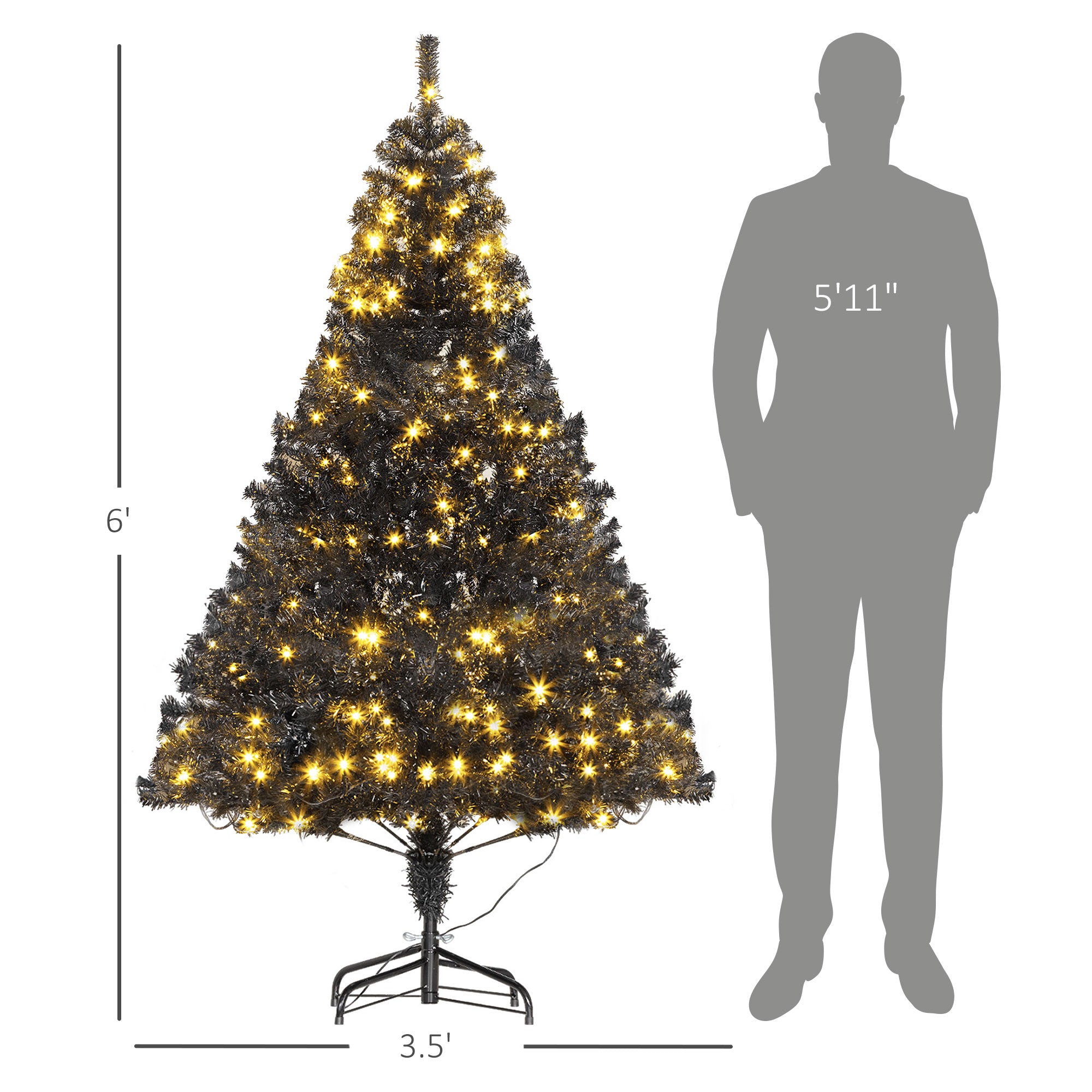 6 FT Tall PreLit Artificial Christmas Tree with Realistic Branches 250 Warm White LED Lights Black