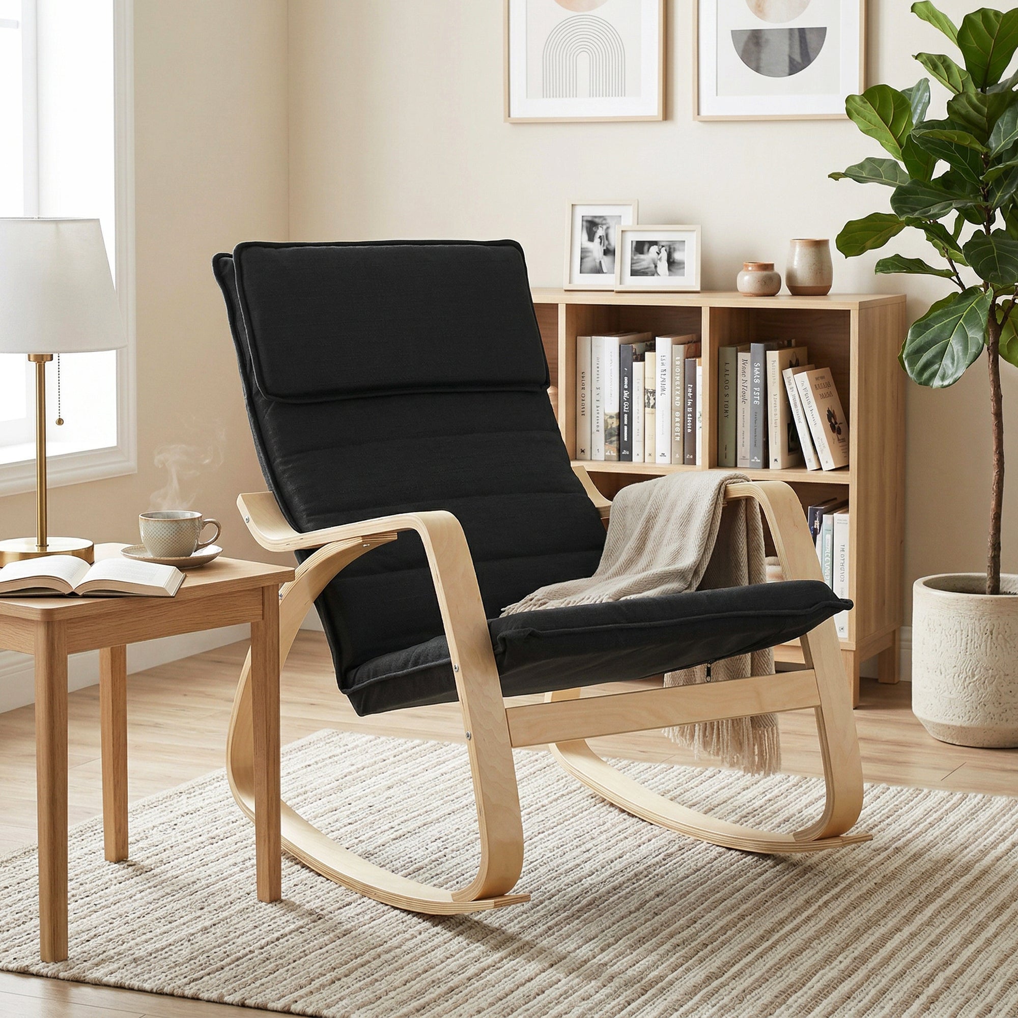 Comfortable Relax Rocking Chair, Upholstered Lounge Chair with High Back and Headrest for Living Room, Bedroom, Black
