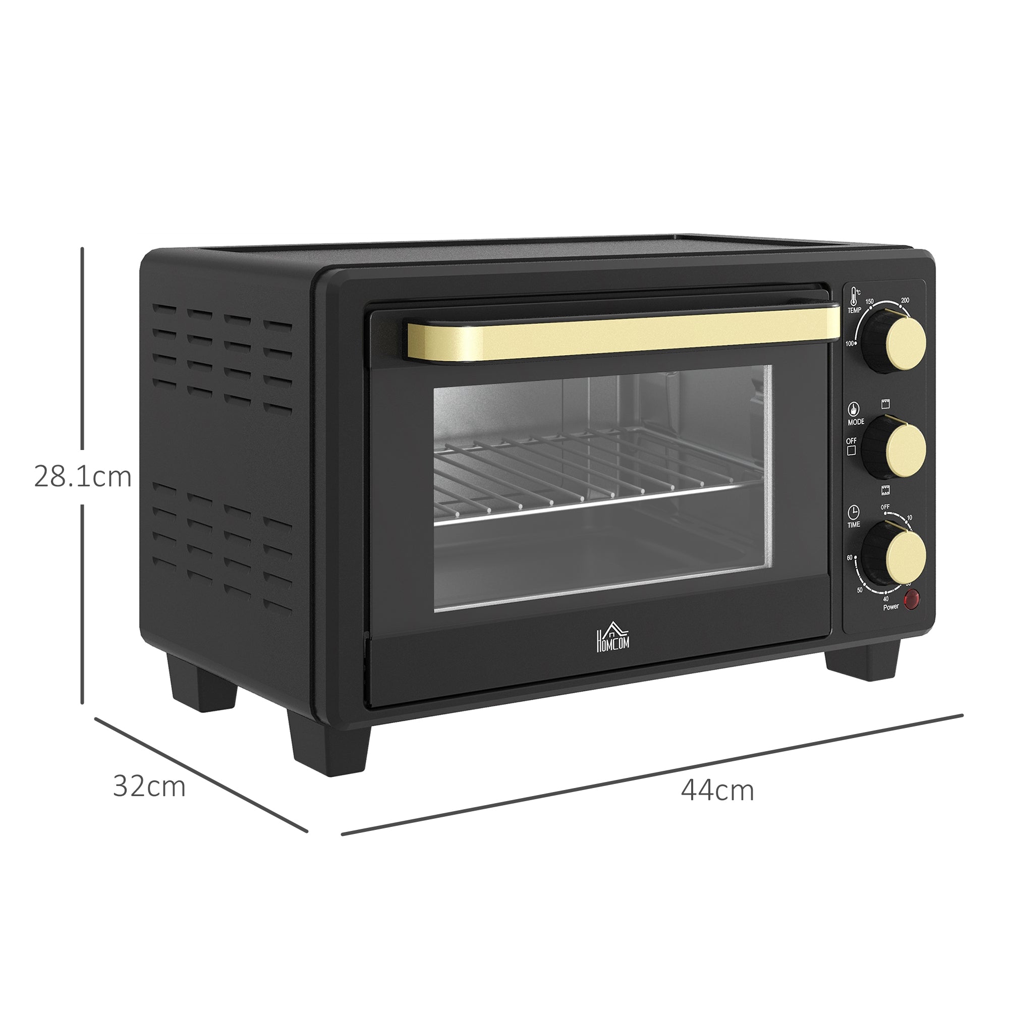 HOMCOM Mini Oven, 16L Countertop Electric Grill, Toaster Oven with Adjustable Temperature, 60 Min Timer, Crumb Tray, Baking Tray, Wire Rack, Tray Handle, 1400W, Black