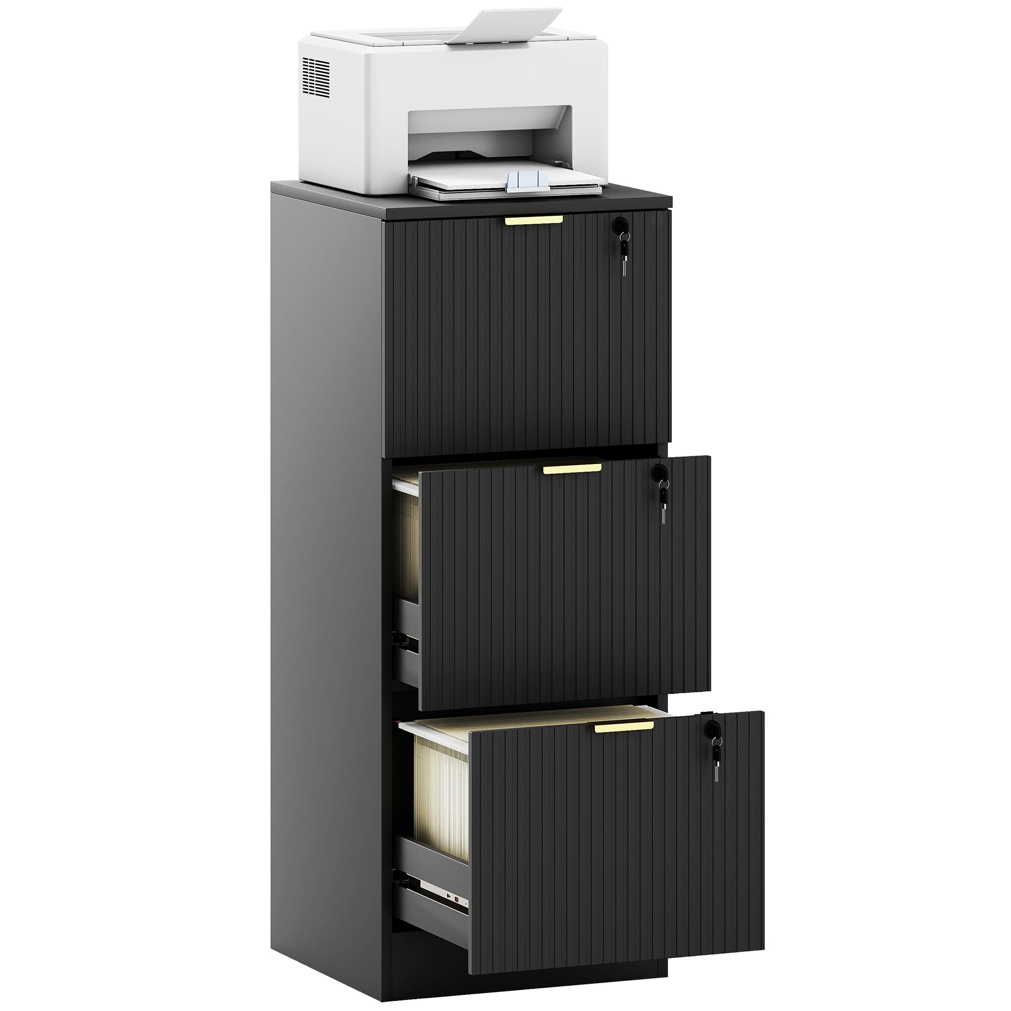 3 Drawer Filing Cabinet, Fluted Vertical File Cabinet with Lock and Adjustable Hanging Rails for A4 and Letter Size Files, Printer Stand with Storage, Black