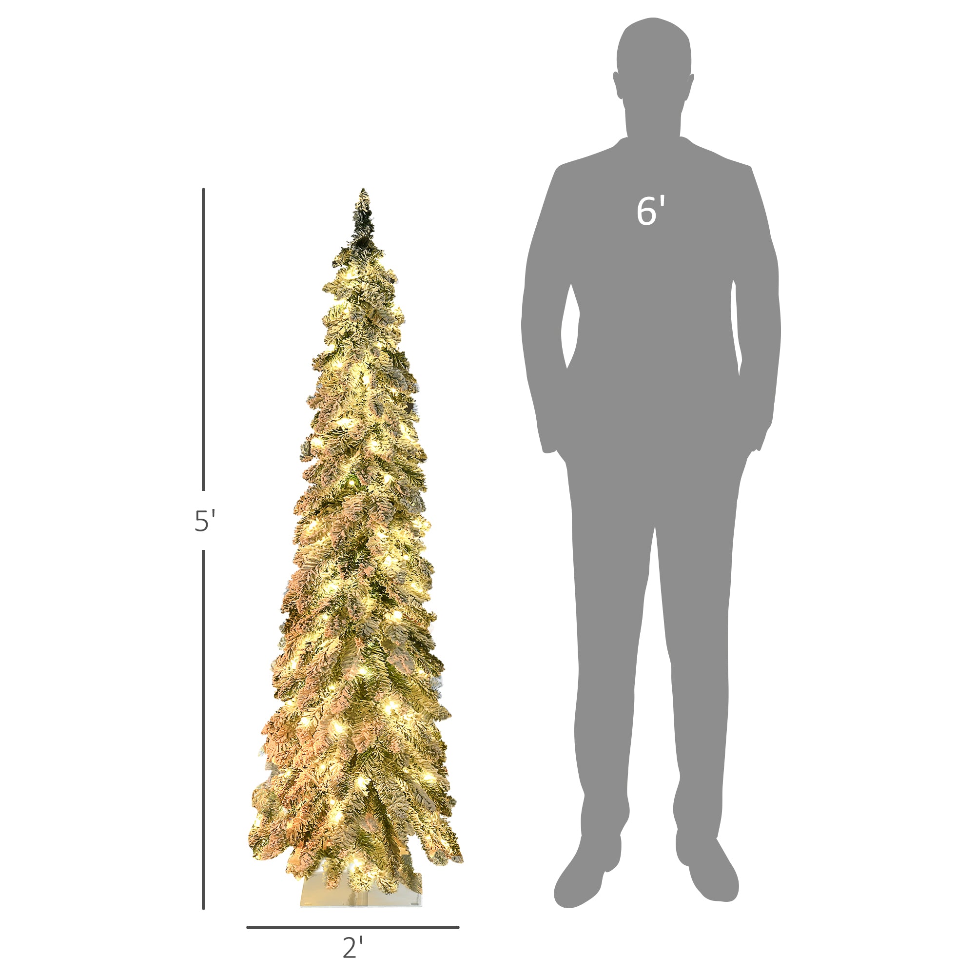 5' Artificial Slim Christmas Trees, with Snow Frosted Branches, Warm White or Colorful LED Lights, Downswept Shape