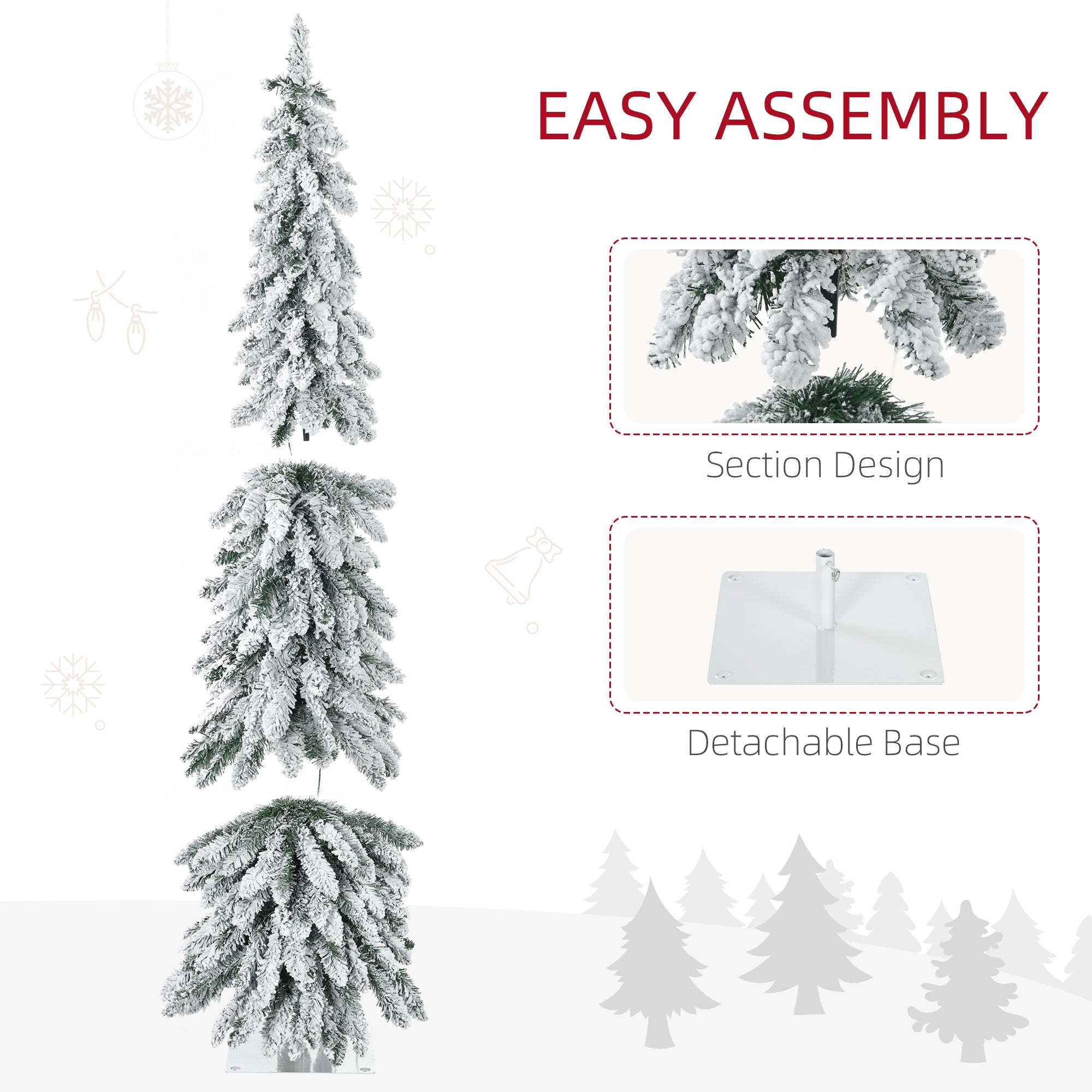 5' Artificial Slim Christmas Trees, with Snow Frosted Branches, Warm White or Colorful LED Lights, Downswept Shape