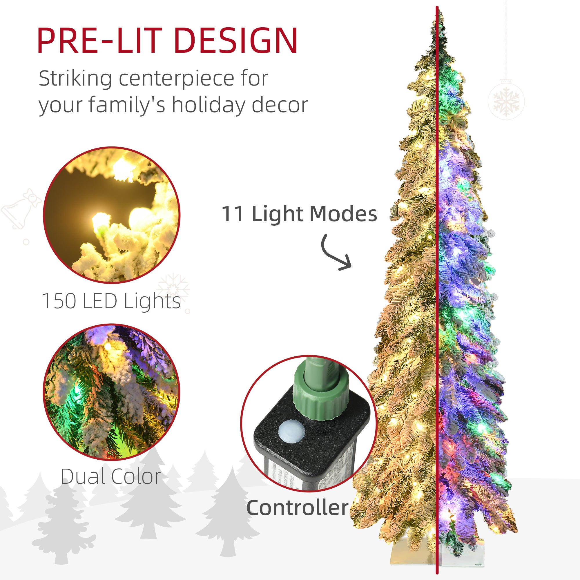 5' Artificial Slim Christmas Trees, with Snow Frosted Branches, Warm White or Colorful LED Lights, Downswept Shape