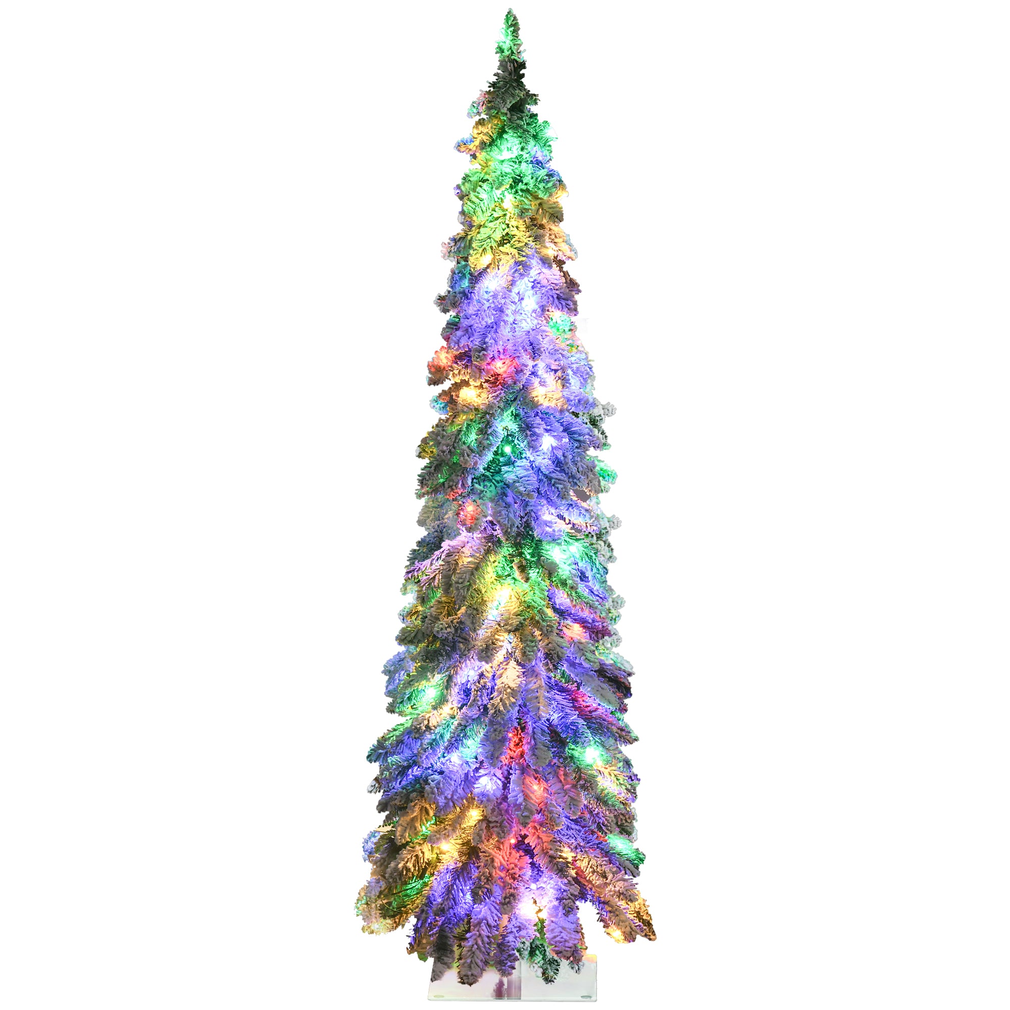 5' Artificial Slim Christmas Trees, with Snow Frosted Branches, Warm White or Colorful LED Lights, Downswept Shape