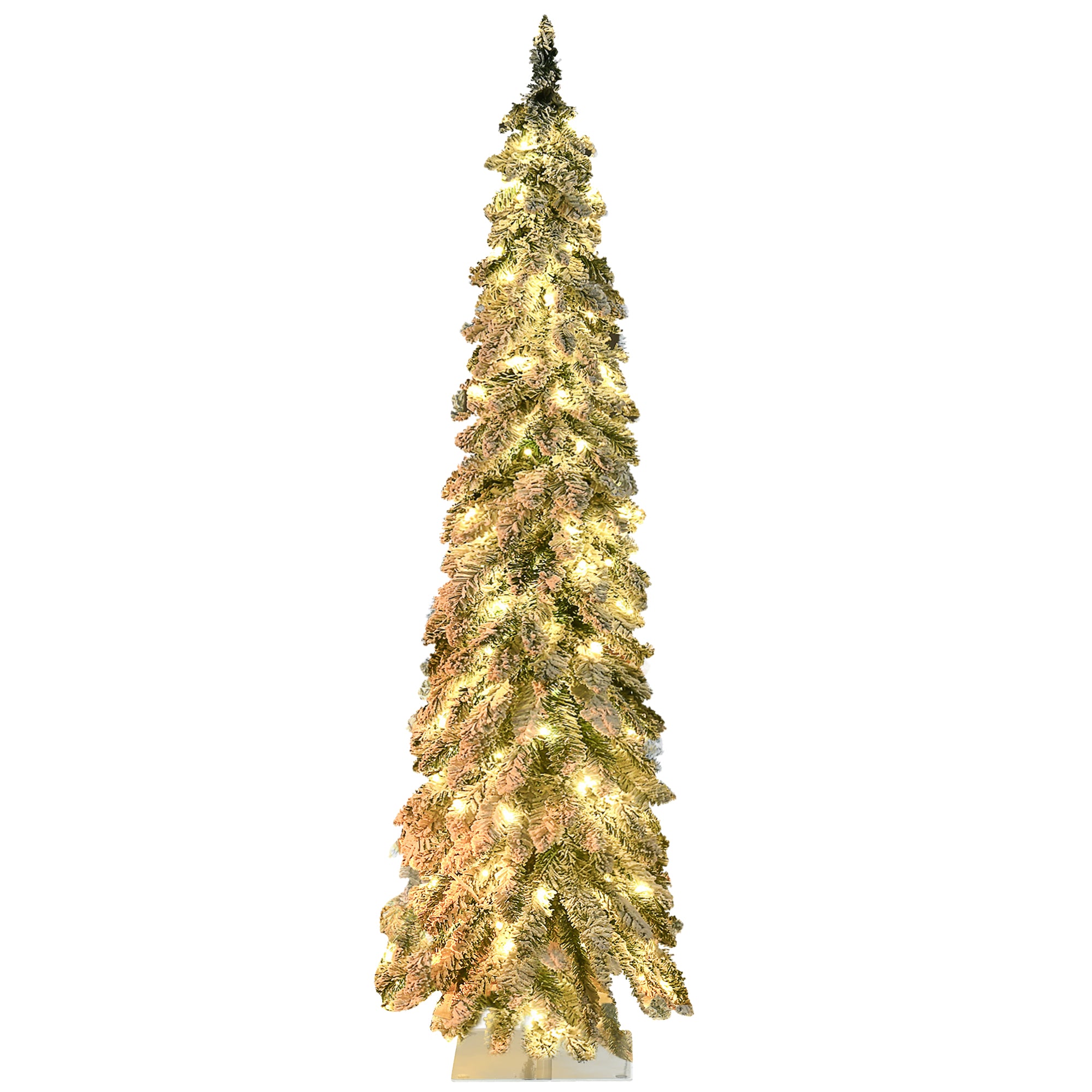 5' Artificial Slim Christmas Trees, with Snow Frosted Branches, Warm White or Colorful LED Lights, Downswept Shape