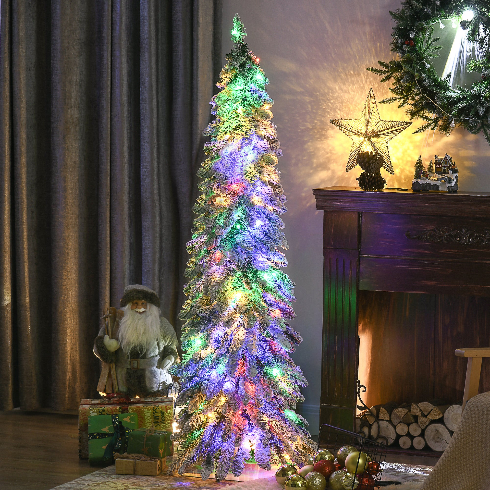 5' Artificial Slim Christmas Trees, with Snow Frosted Branches, Warm White or Colorful LED Lights, Downswept Shape