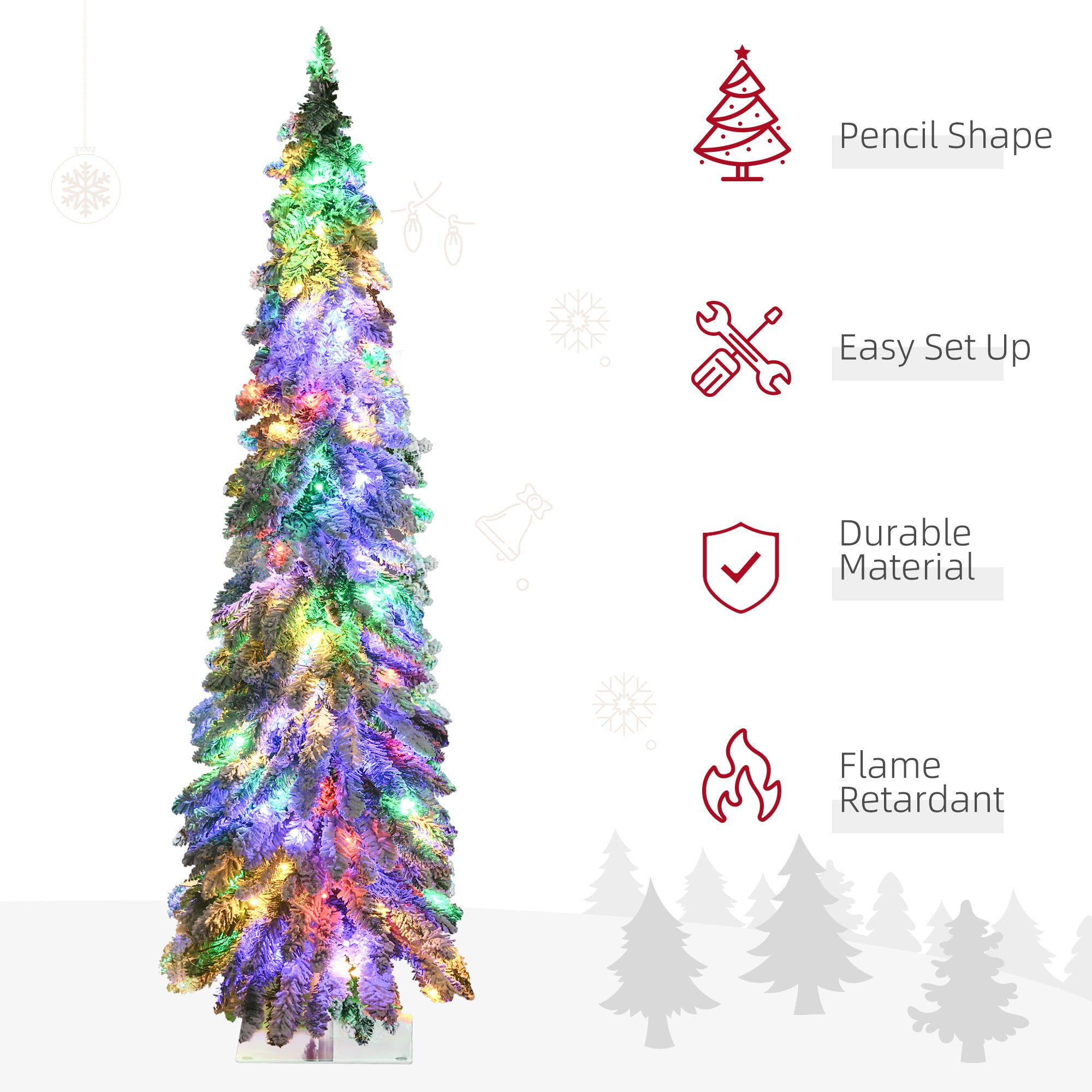 5' Artificial Slim Christmas Trees, with Snow Frosted Branches, Warm White or Colorful LED Lights, Downswept Shape