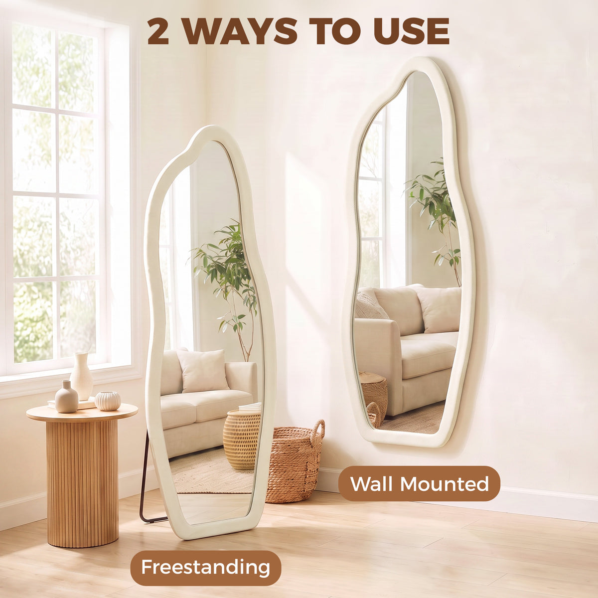 63" x 23.6" Full Length Mirror, Freestanding or Wall-Mounted Full Body Mirror with Velvet Padded Frame and Arched Top for Living Room, Bedroom, Cream White