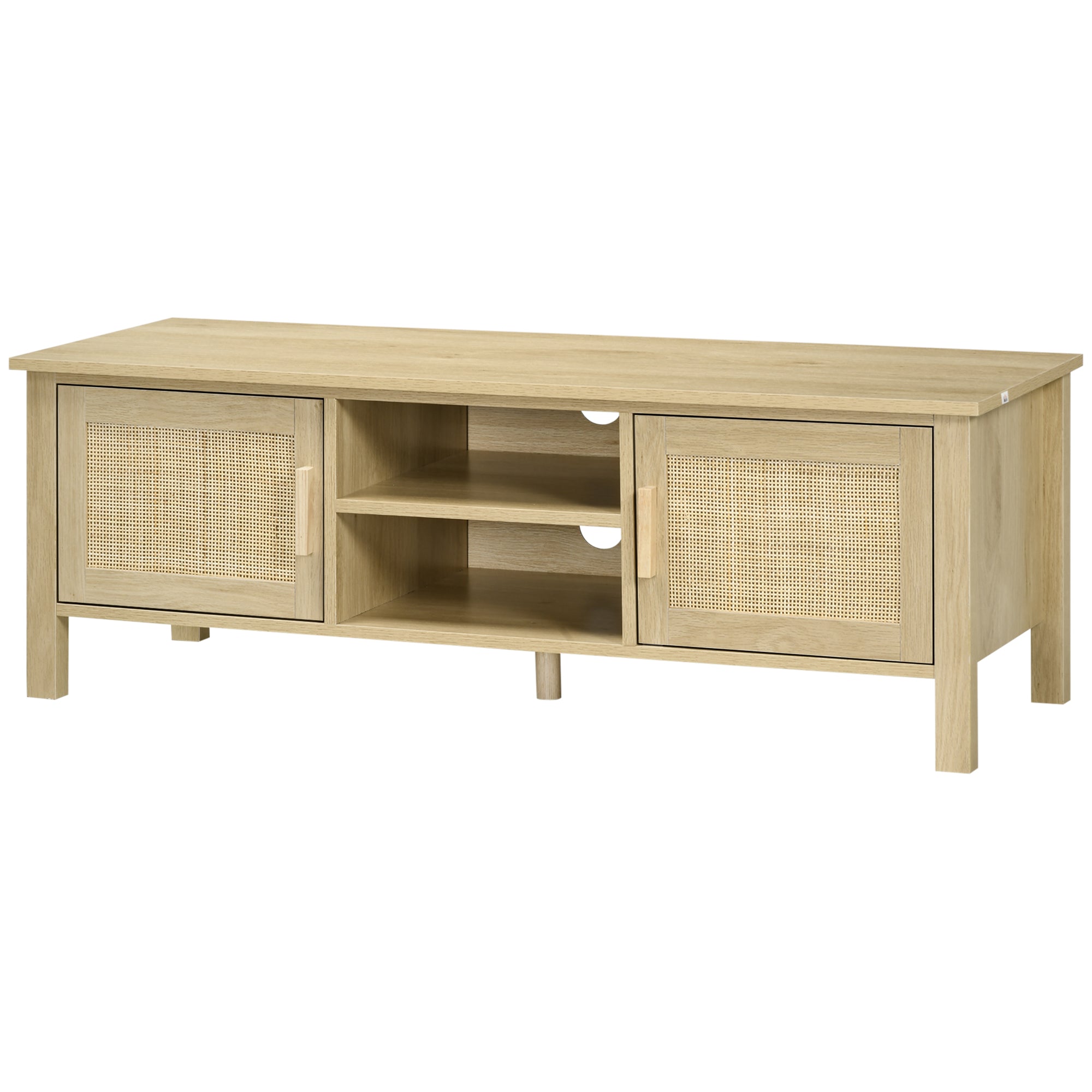 Boho TV Stand for 60 Inch Television Entertainment Center with Rattan Door and Storage Cabinets Natural Wood