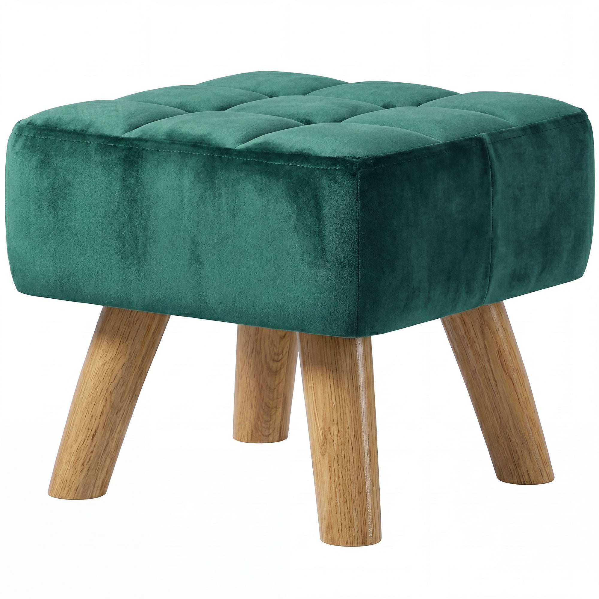 Modern Tufted Footstool, Fabric Foot Stool with Rubber Wood Legs, Padded Seat, for Living Room, Bedroom, Entryway, Dark Green