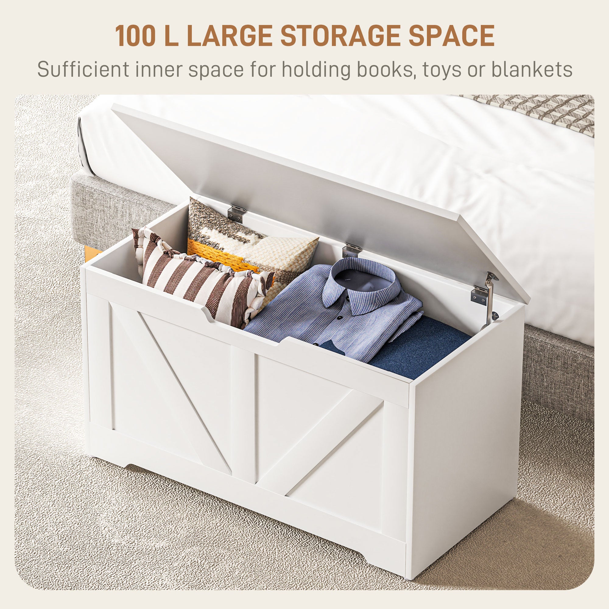 HOMCOM 100L Storage Chest, Storage Trunk with 2 Safety Hinges and U-shaped Cut-out Pull, Storage Box for Living Room, Entryway, 80 x 40 x 45 cm, White Wood Grain