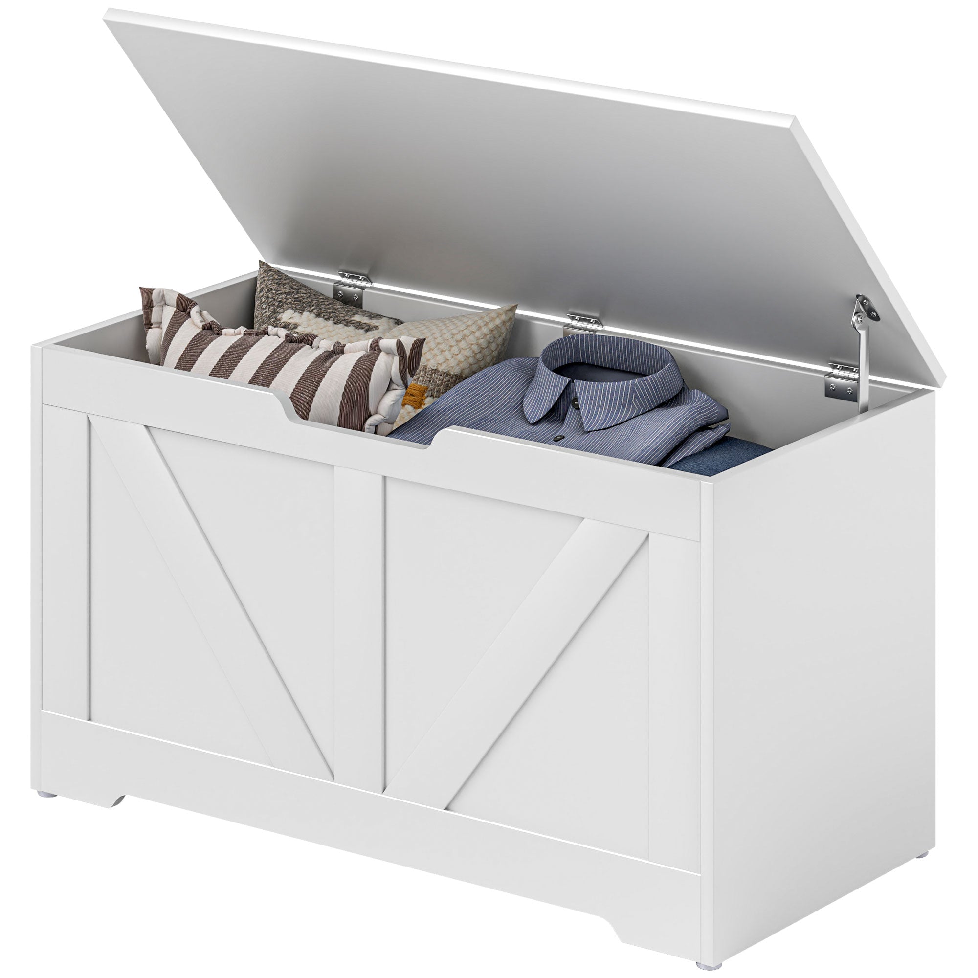 HOMCOM 100L Storage Chest, Storage Trunk with 2 Safety Hinges and U-shaped Cut-out Pull, Storage Box for Living Room, Entryway, 80 x 40 x 45 cm, White Wood Grain