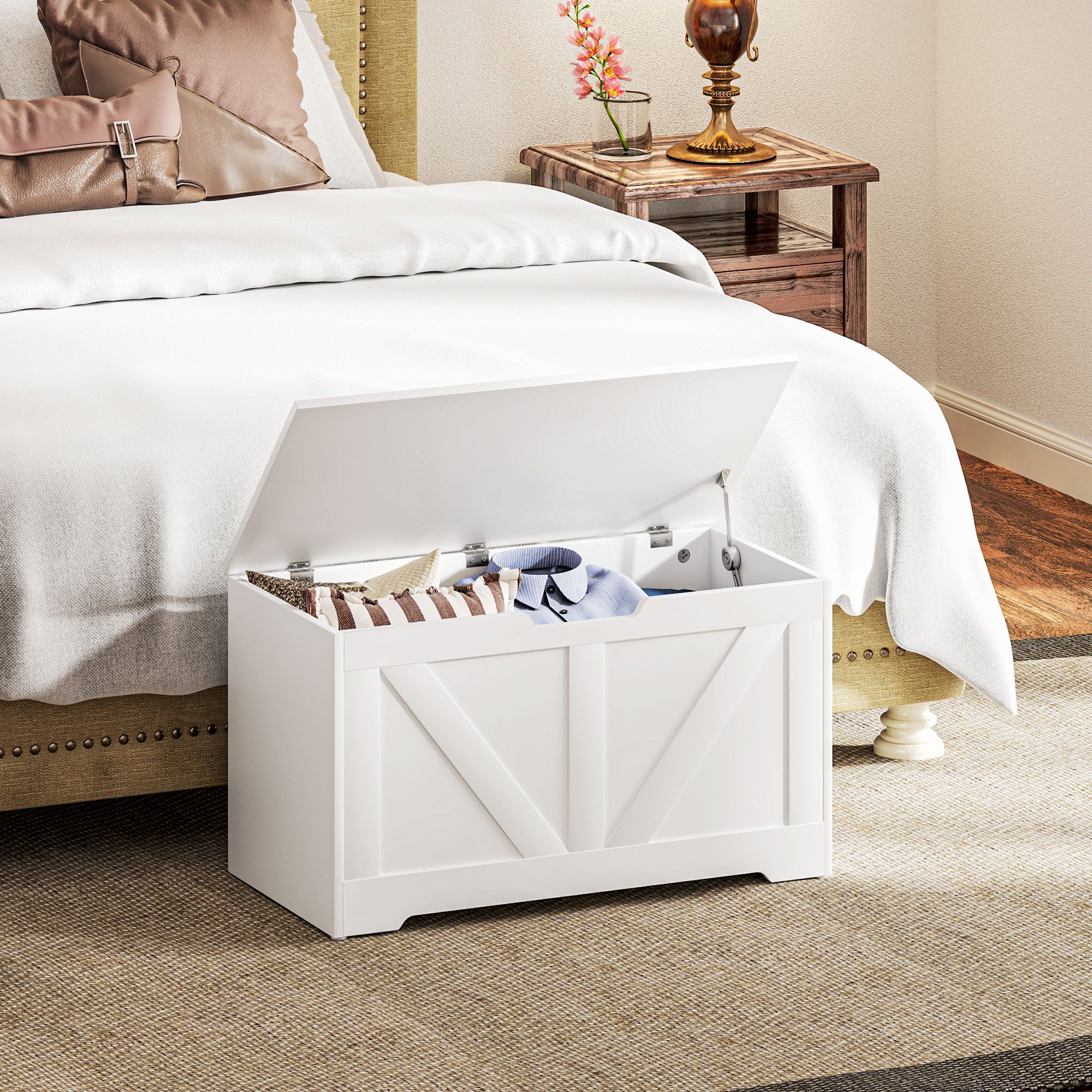 HOMCOM 100L Storage Chest, Storage Trunk with 2 Safety Hinges and U-shaped Cut-out Pull, Storage Box for Living Room, Entryway, 80 x 40 x 45 cm, White Wood Grain