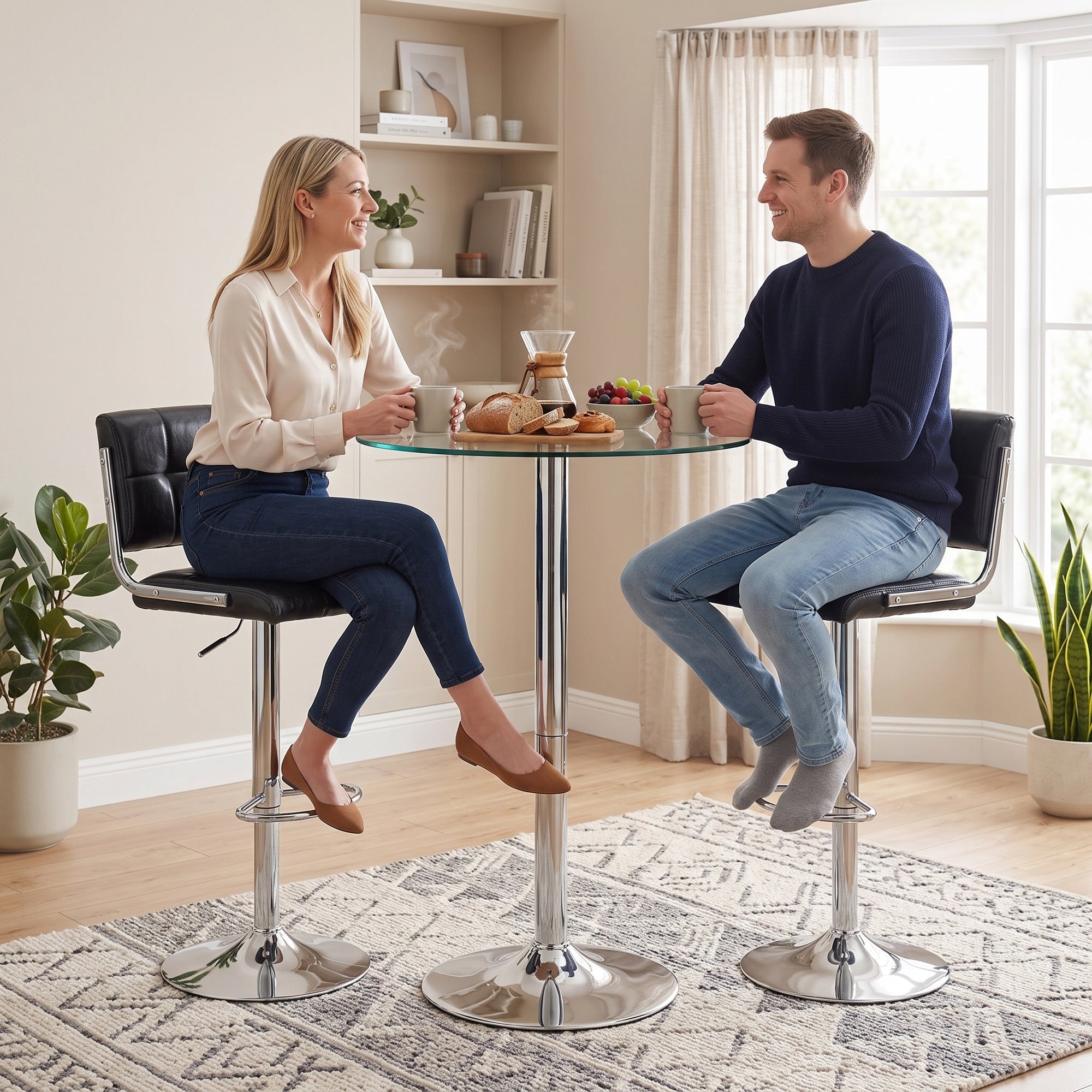Breakfast Bar Stools Set of 2, Modern PU Leather Swivel BarStools, Adjustable Counter Height Bar Chairs with Backrest and Footrest for Kitchen Island, Dining Room, Bar, Black