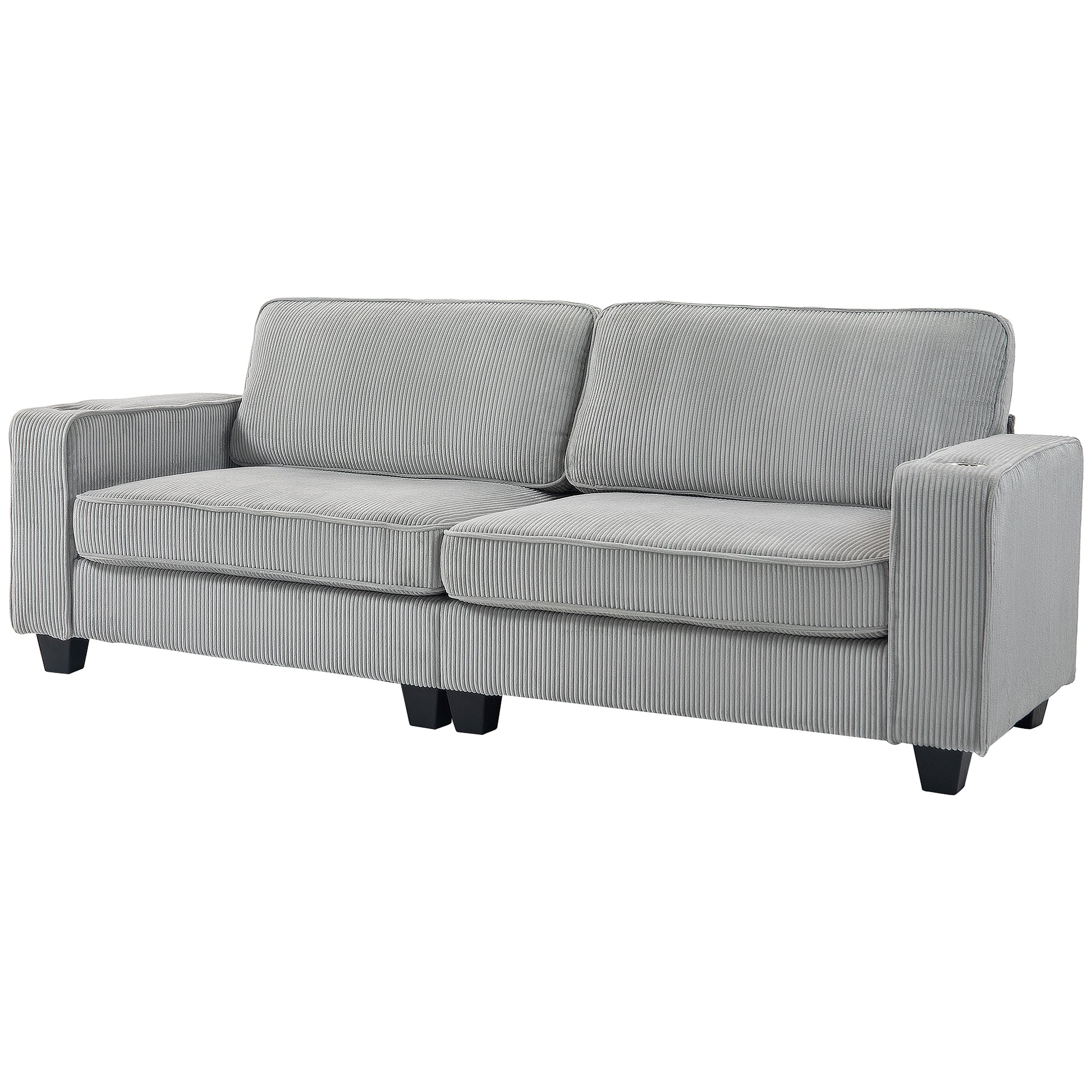 HOMCOM Modern 3 Seater Sofa with Spring Cushion, 90" Upholstered Corduroy Couch with Cup Holders for Living Room, Bedroom, Home Office, Light Grey