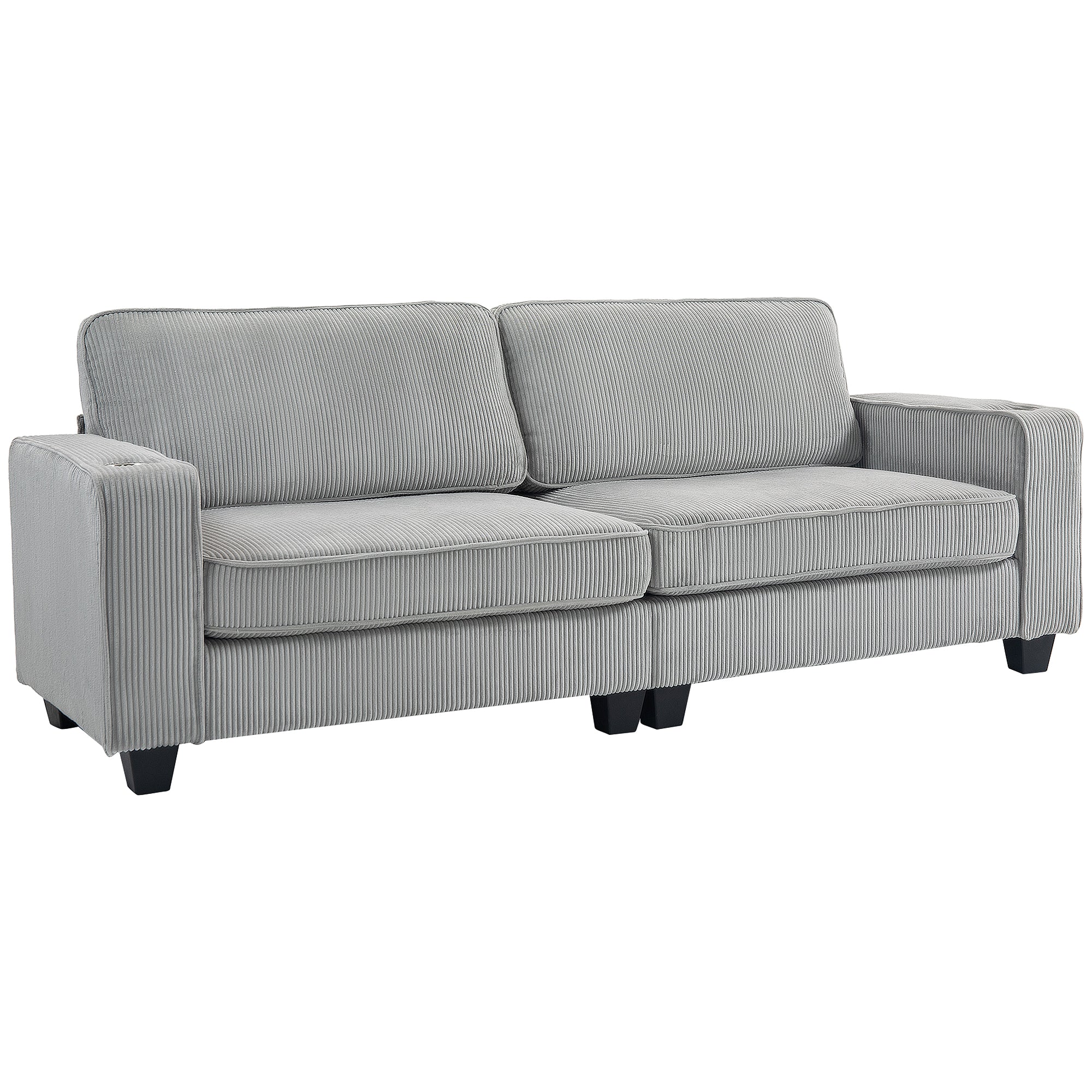 HOMCOM Modern 3 Seater Sofa with Spring Cushion, 90" Upholstered Corduroy Couch with Cup Holders for Living Room, Bedroom, Home Office, Light Grey