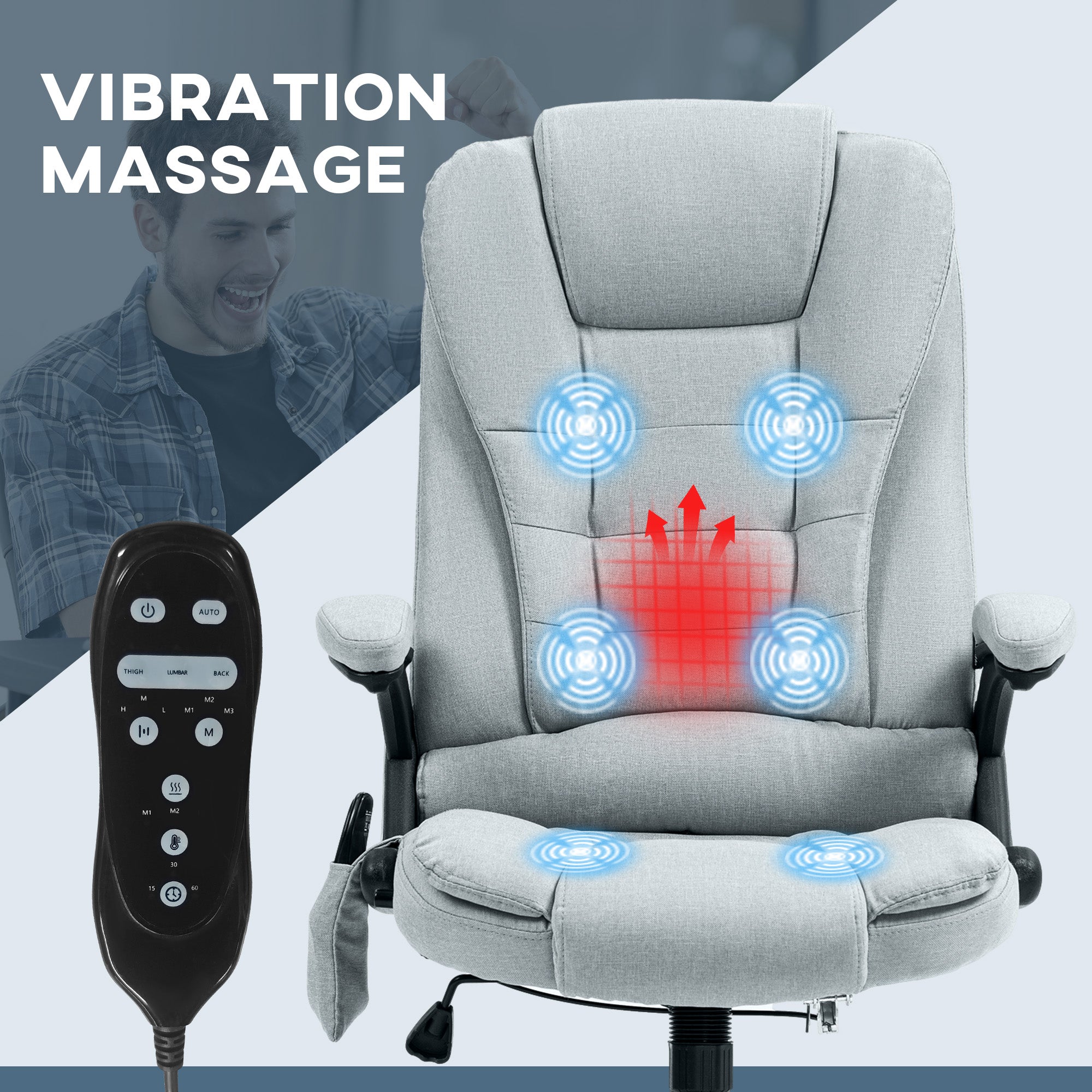 6 Point Vibrating Massage Office Chair with Heat, Linen High Back Massage Desk Chair with Reclining Backrest, Light Gray