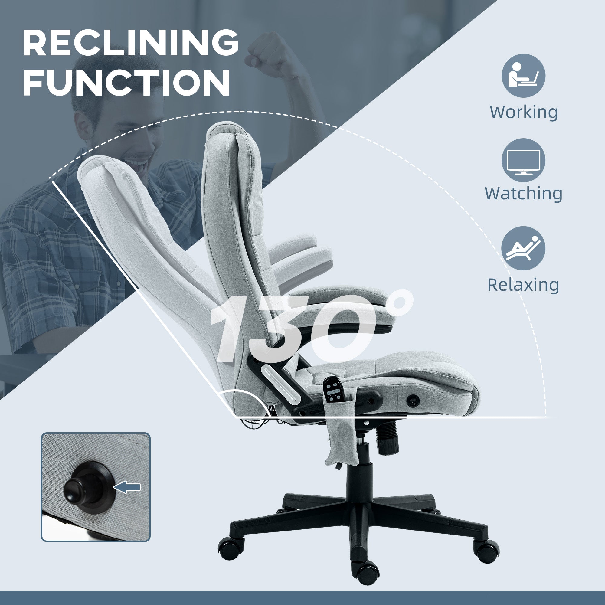 6 Point Vibrating Massage Office Chair with Heat, Linen High Back Massage Desk Chair with Reclining Backrest, Light Gray