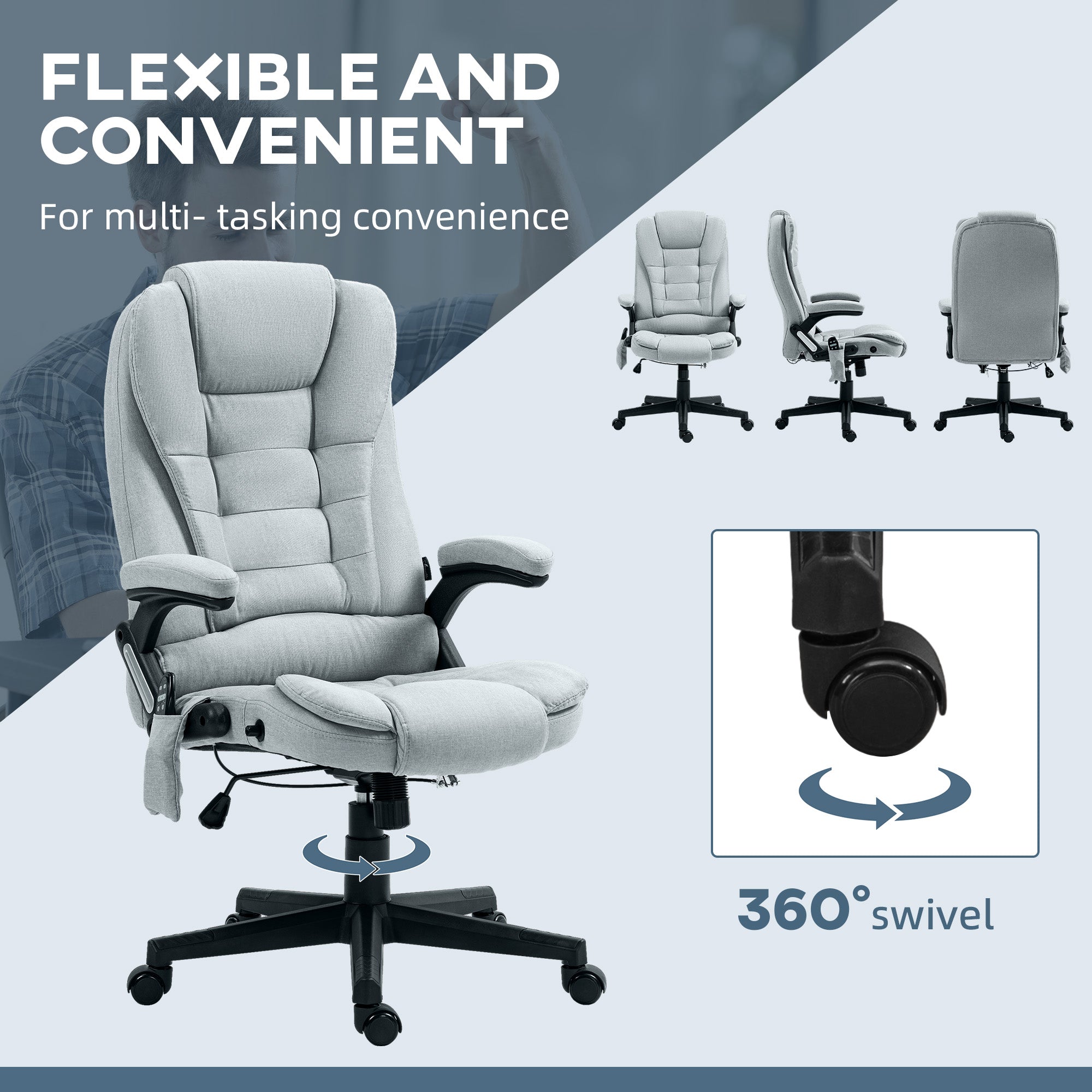 6 Point Vibrating Massage Office Chair with Heat, Linen High Back Massage Desk Chair with Reclining Backrest, Light Gray