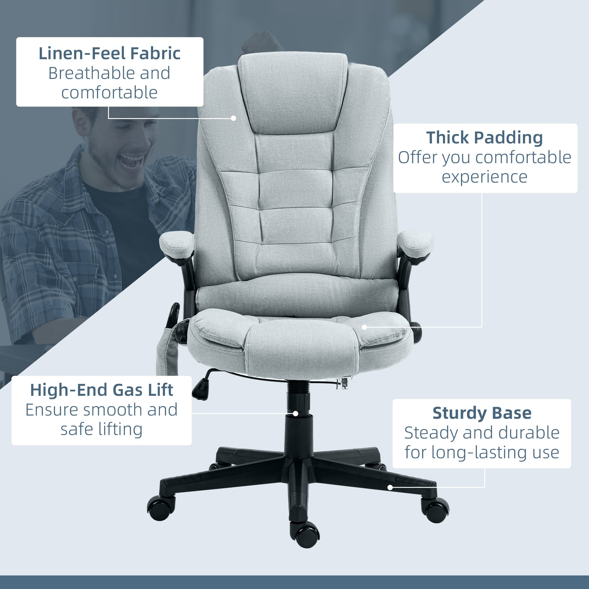 6 Point Vibrating Massage Office Chair with Heat, Linen High Back Massage Desk Chair with Reclining Backrest, Light Gray