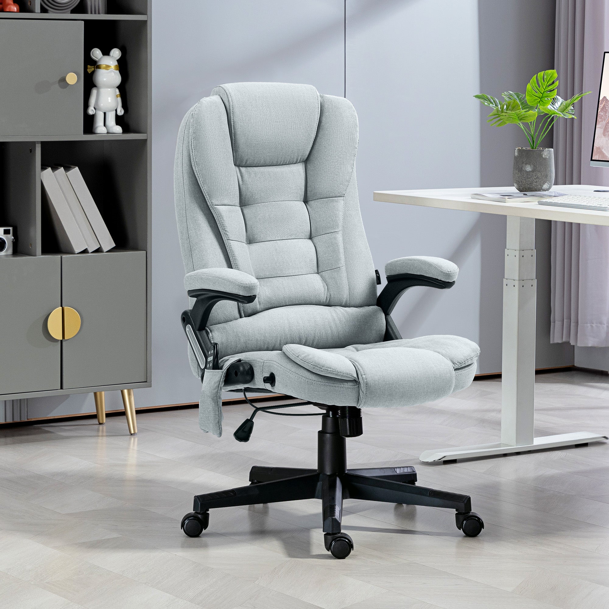 6 Point Vibrating Massage Office Chair with Heat, Linen High Back Massage Desk Chair with Reclining Backrest, Light Gray