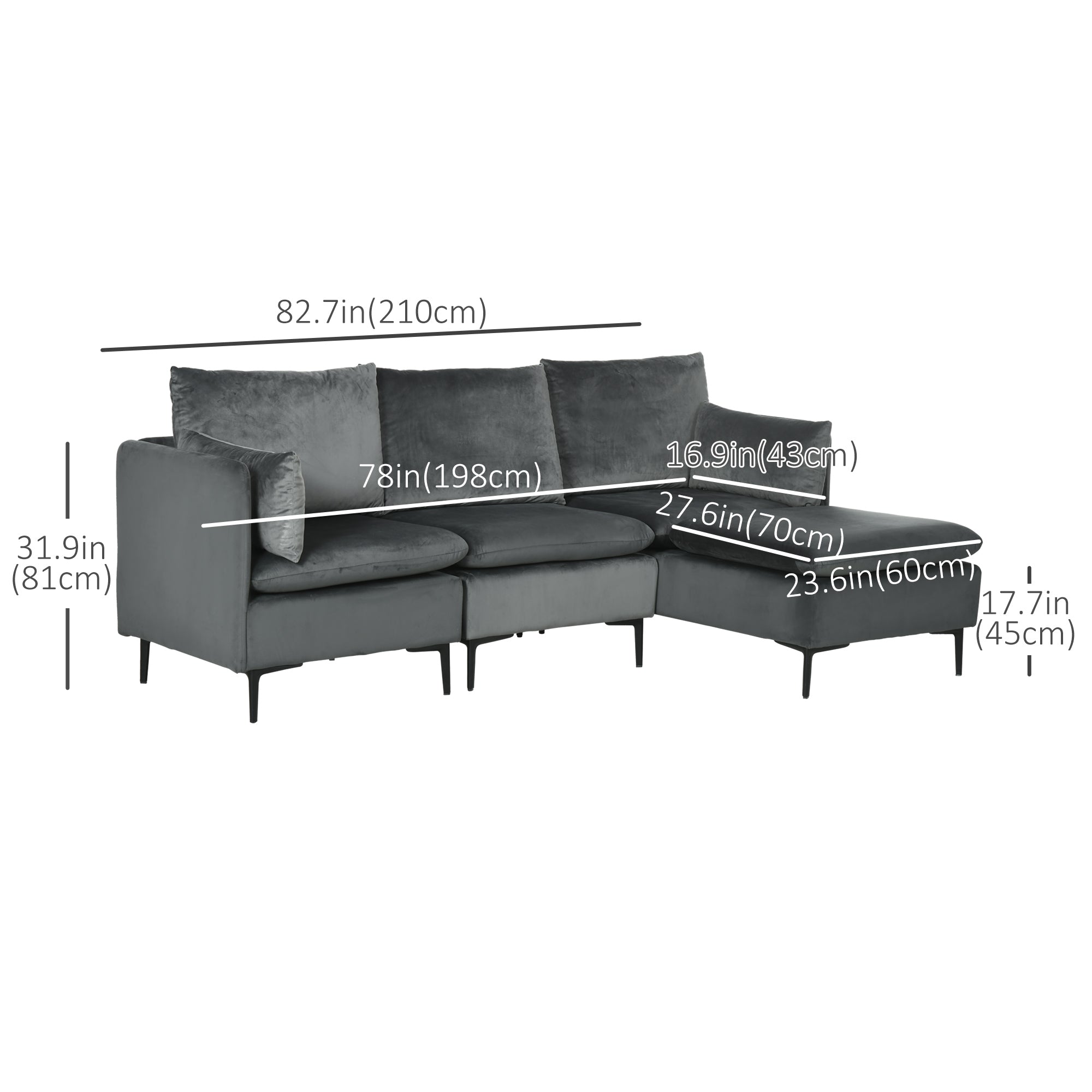 HOMCOM Convertible Sectional Sofa Couch, Modern L-Shaped Couch, 3 Seater Sofa with Reversible Ottoman for Living Room, Apartment, Small Space, Grey