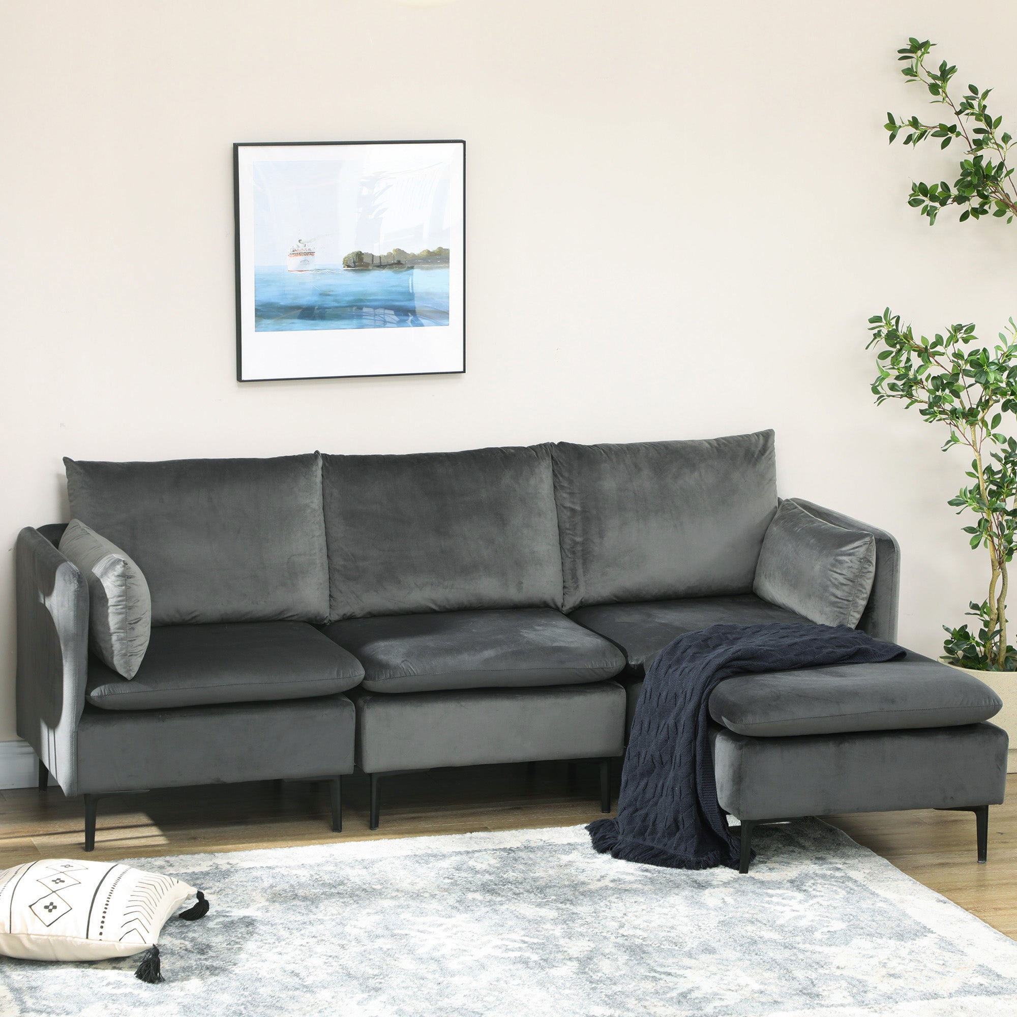 HOMCOM Convertible Sectional Sofa Couch, Modern L-Shaped Couch, 3 Seater Sofa with Reversible Ottoman for Living Room, Apartment, Small Space, Grey