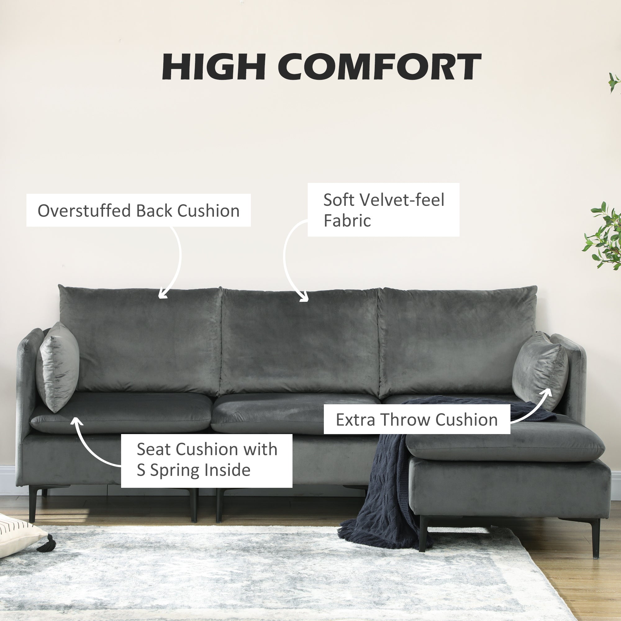 HOMCOM Convertible Sectional Sofa Couch, Modern L-Shaped Couch, 3 Seater Sofa with Reversible Ottoman for Living Room, Apartment, Small Space, Grey