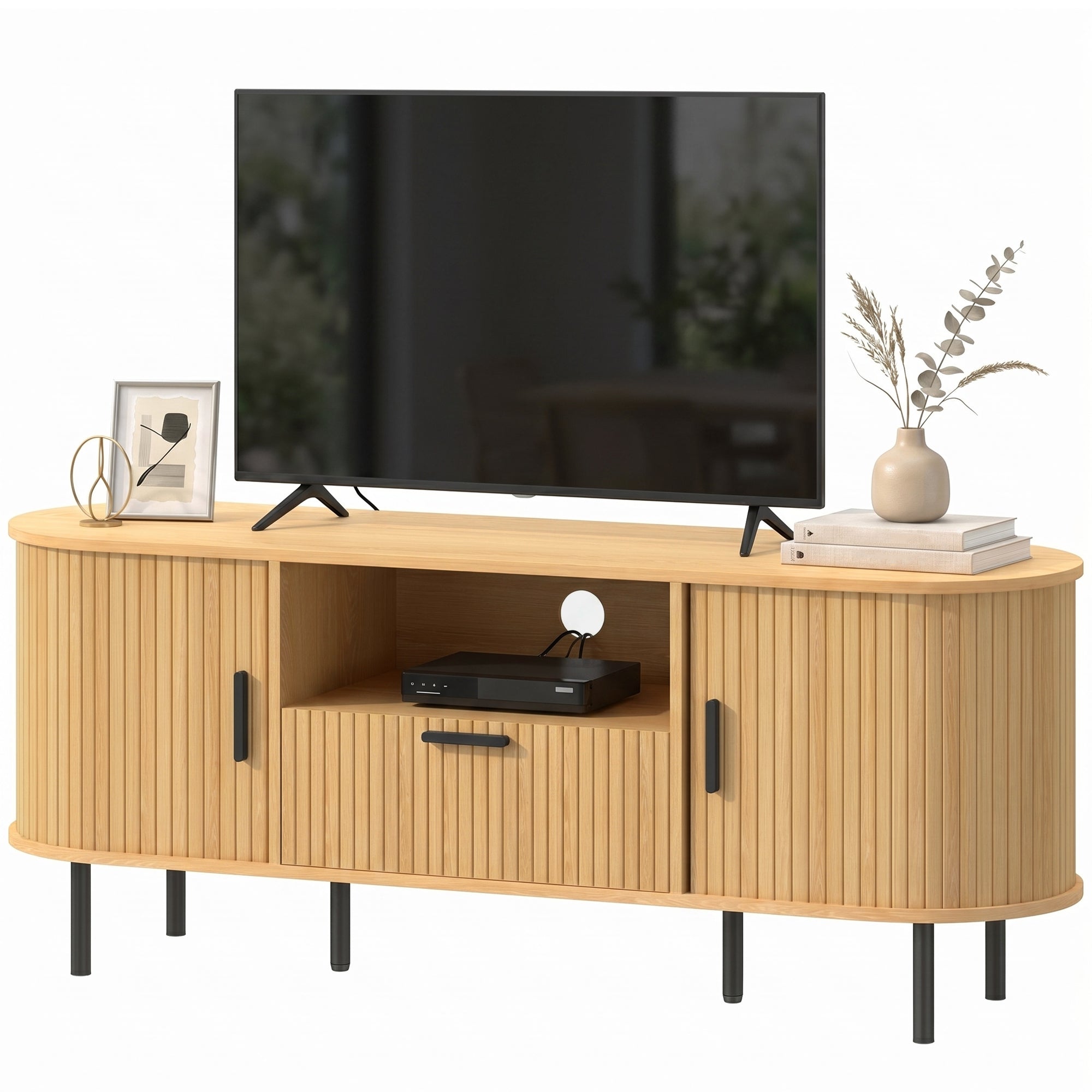 TV Stand for TVs up to 60", Modern Entertainment Center with Curved Sliding Doors, Media Console with Drawer, Cabinet and Shelf, Natural Wood