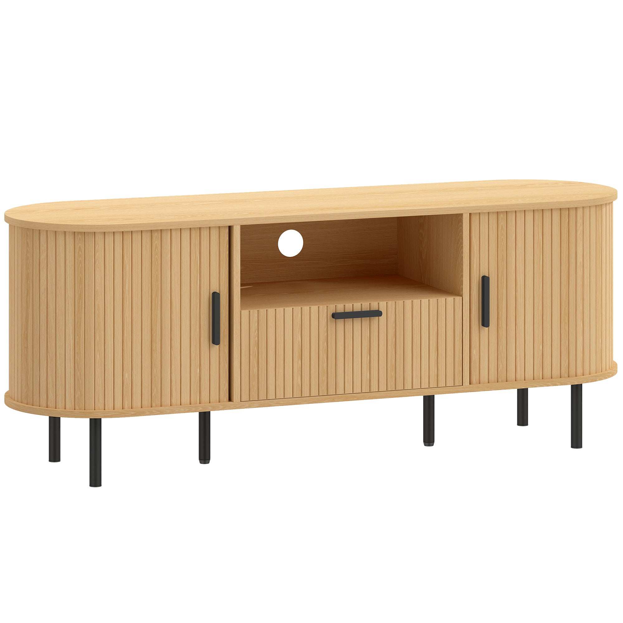 TV Stand for TVs up to 60", Modern Entertainment Center with Curved Sliding Doors, Media Console with Drawer, Cabinet and Shelf, Natural Wood