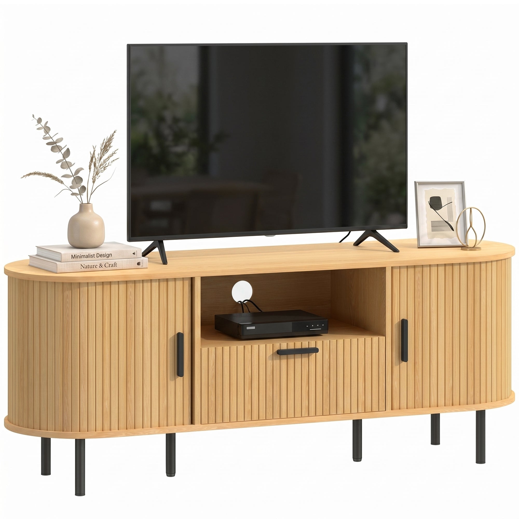 TV Stand for TVs up to 60", Modern Entertainment Center with Curved Sliding Doors, Media Console with Drawer, Cabinet and Shelf, Natural Wood
