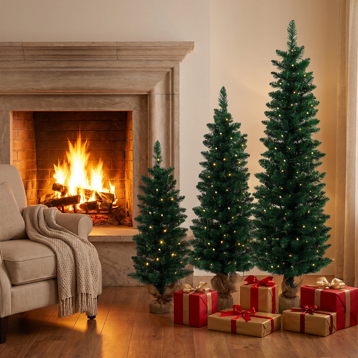 Artificial Pencil Christmas Tree Set of 3, Pre-Lit Christmas Trees with PVC Tips and Warm White LED Lights, Slim Xmas Decorations, 3/4/5 ft, Green
