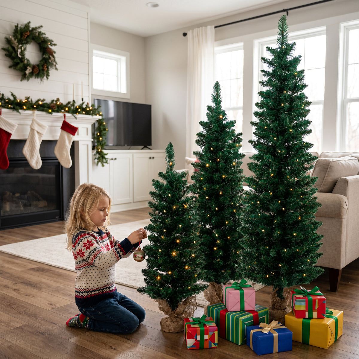 Artificial Pencil Christmas Tree Set of 3, Pre-Lit Christmas Trees with PVC Tips and Warm White LED Lights, Slim Xmas Decorations, 3/4/5 ft, Green