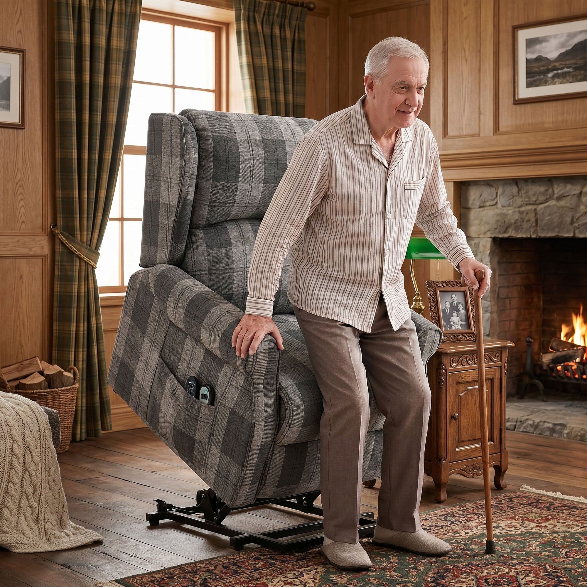 Power Lift Recliner Chair with Vibration Massage and Heat, Checked Electric Lift Chair for Elderly, Fabric Riser and Reclining Armchair with Pocket Spring, Remote, Quick Assembly, Side Pockets