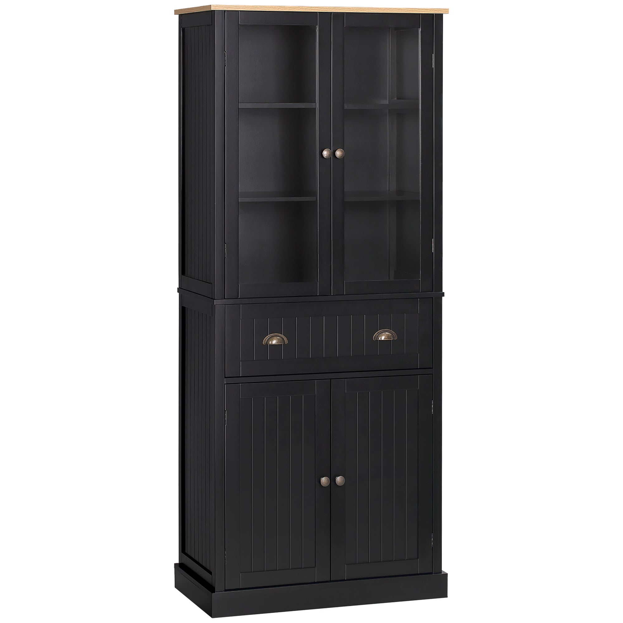 72" Freestanding Kitchen Pantry Cabinet Tall Storage with Glass Doors Drawer and Adjustable Shelves Black