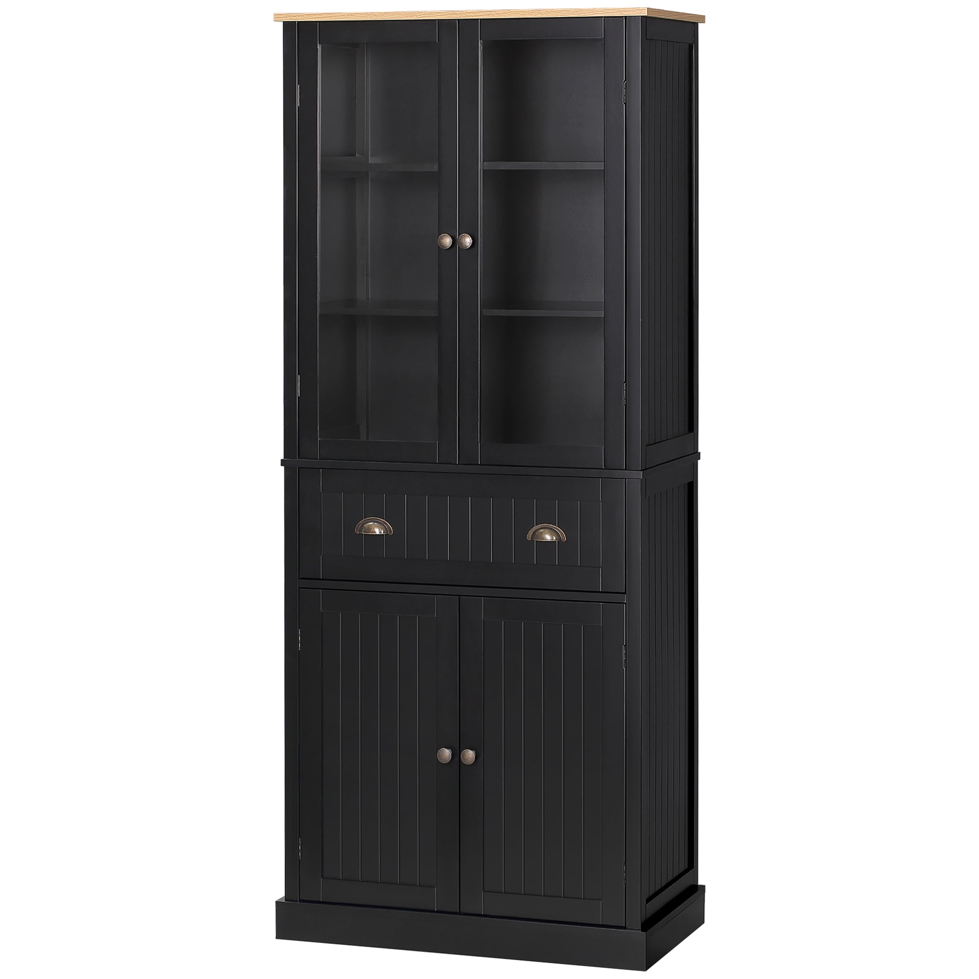 72" Freestanding Kitchen Pantry Cabinet Tall Storage with Glass Doors Drawer and Adjustable Shelves Black