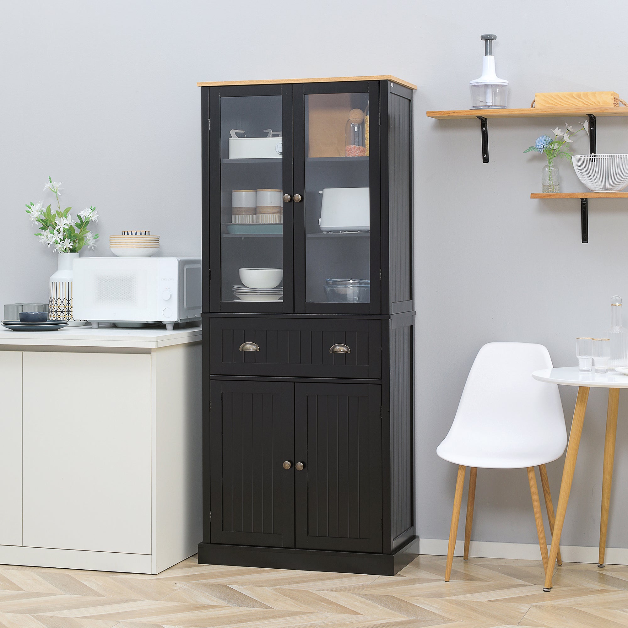 72" Freestanding Kitchen Pantry Cabinet Tall Storage with Glass Doors Drawer and Adjustable Shelves Black