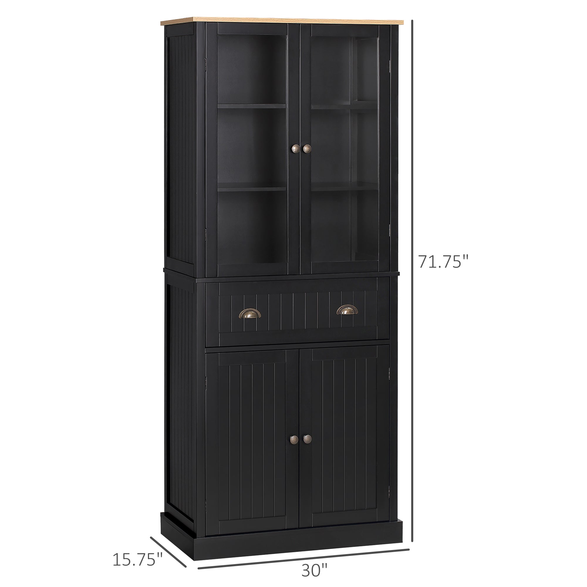 72" Freestanding Kitchen Pantry Cabinet Tall Storage with Glass Doors Drawer and Adjustable Shelves Black