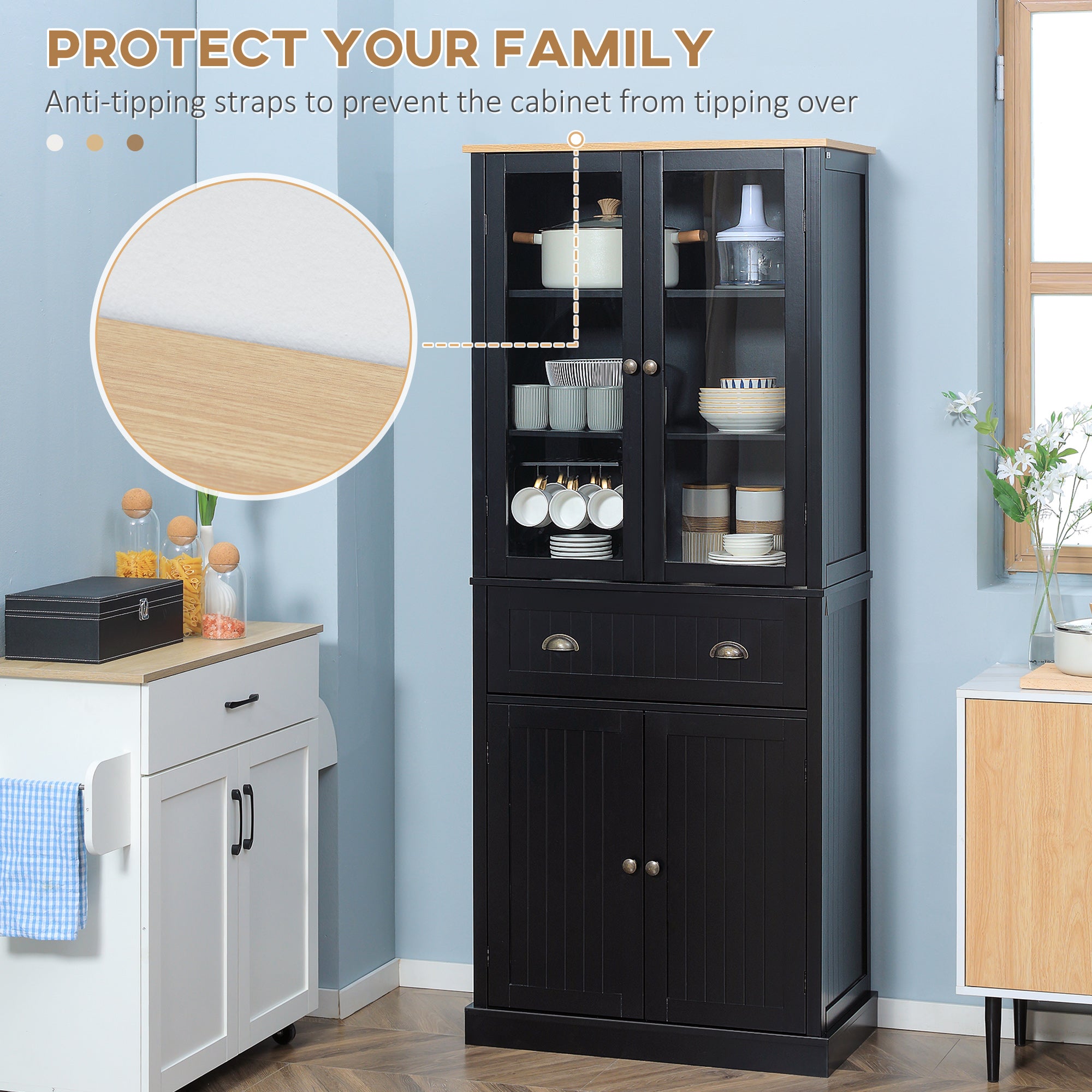 72" Freestanding Kitchen Pantry Cabinet Tall Storage with Glass Doors Drawer and Adjustable Shelves Black