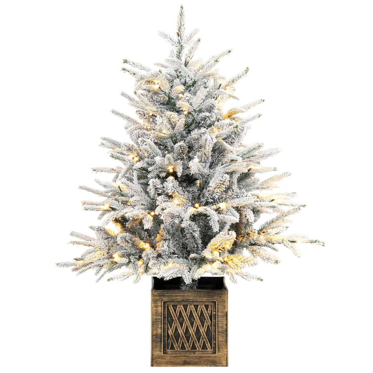 90 cm Prelit Flocked Christmas Tree, Artificial Table Christmas Tree with 70 Warm White LED Lights, 488 Tips, Base Stand, Green White
