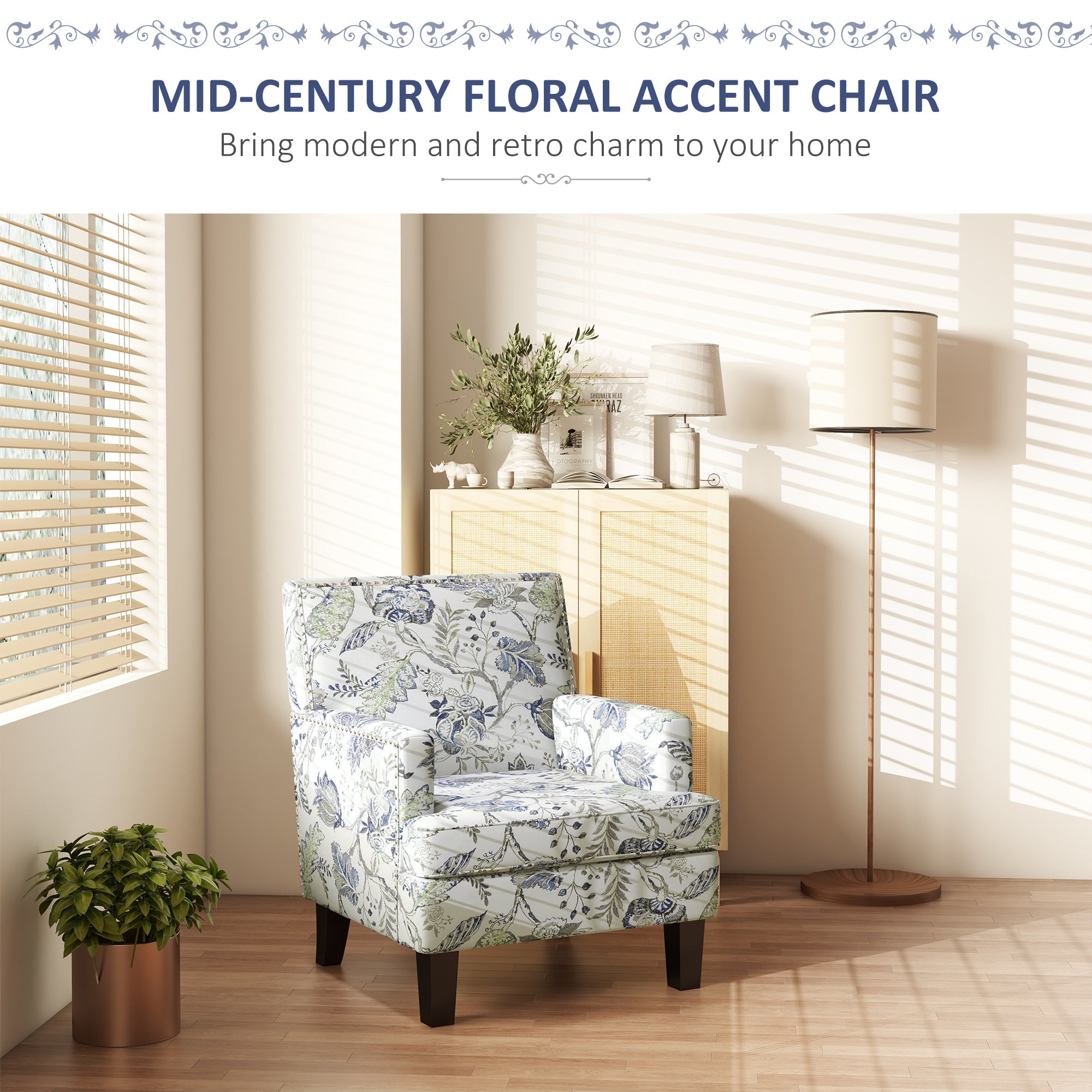 HOMCOM Mid-Century Modern Accent Chair with Floral Pattern and Nailhead Trim, Upholstered Armchair for Bedroom, Fabric Living Room Chair with Wood Legs, Multicolour