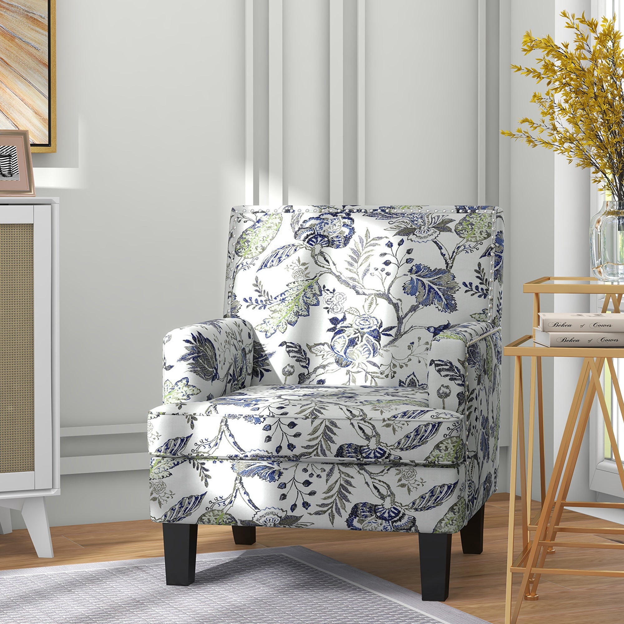 HOMCOM Mid-Century Modern Accent Chair with Floral Pattern and Nailhead Trim, Upholstered Armchair for Bedroom, Fabric Living Room Chair with Wood Legs, Multicolour