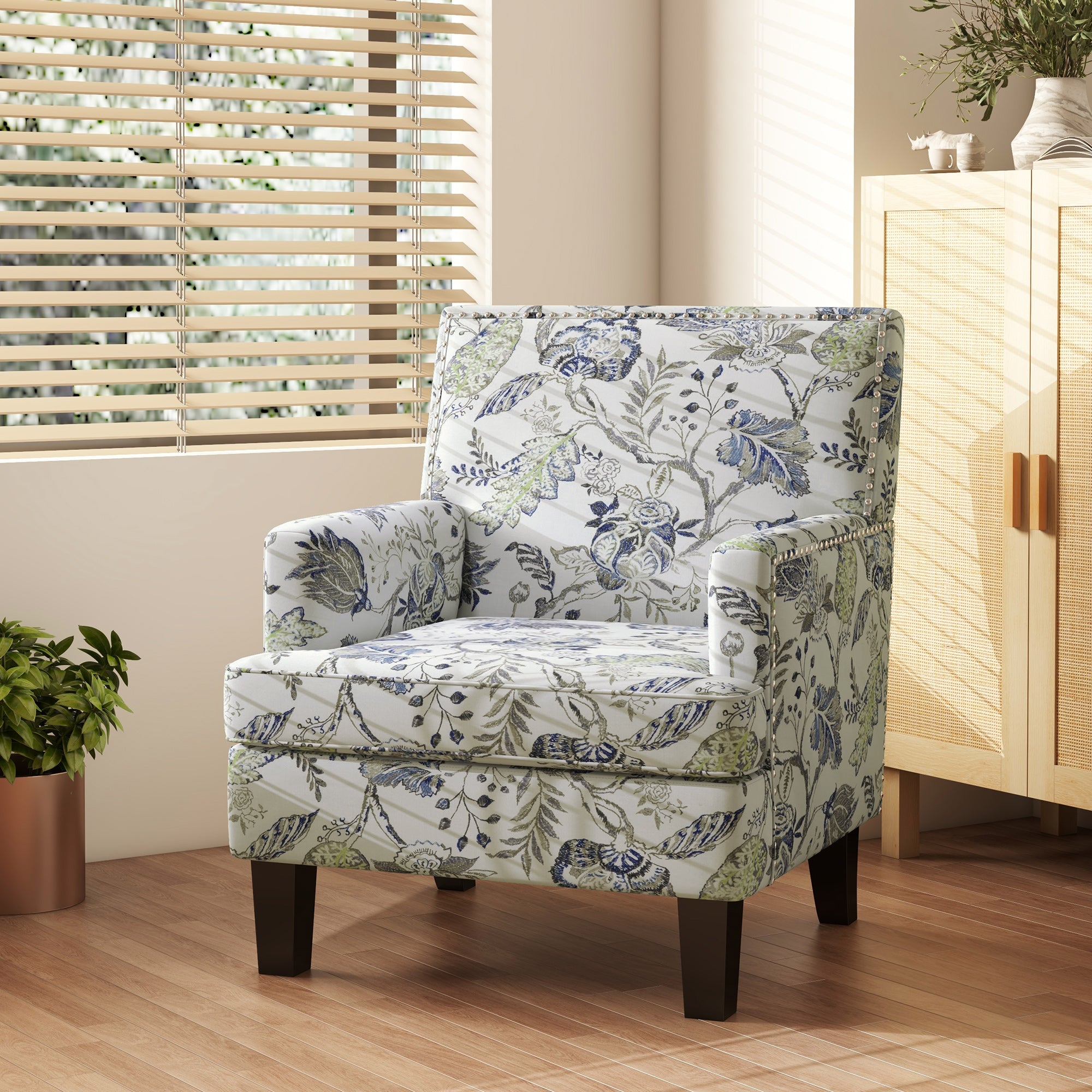 HOMCOM Mid-Century Modern Accent Chair with Floral Pattern and Nailhead Trim, Upholstered Armchair for Bedroom, Fabric Living Room Chair with Wood Legs, Multicolour